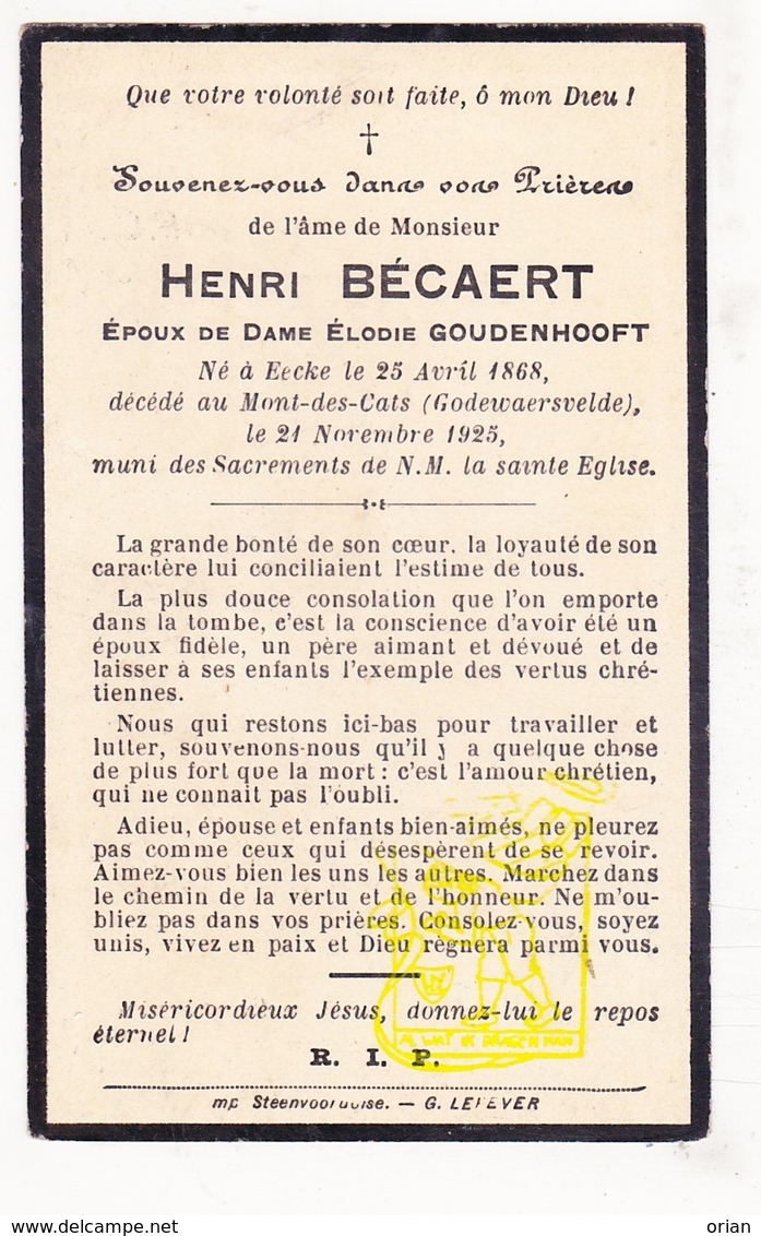 DP Im. Mort. FR Nord - Henri Bécaert ° Eecke 1868 † Mont Des Cats Godewaersvelde 1925 X Elodie Goudenhooft - Images Religieuses