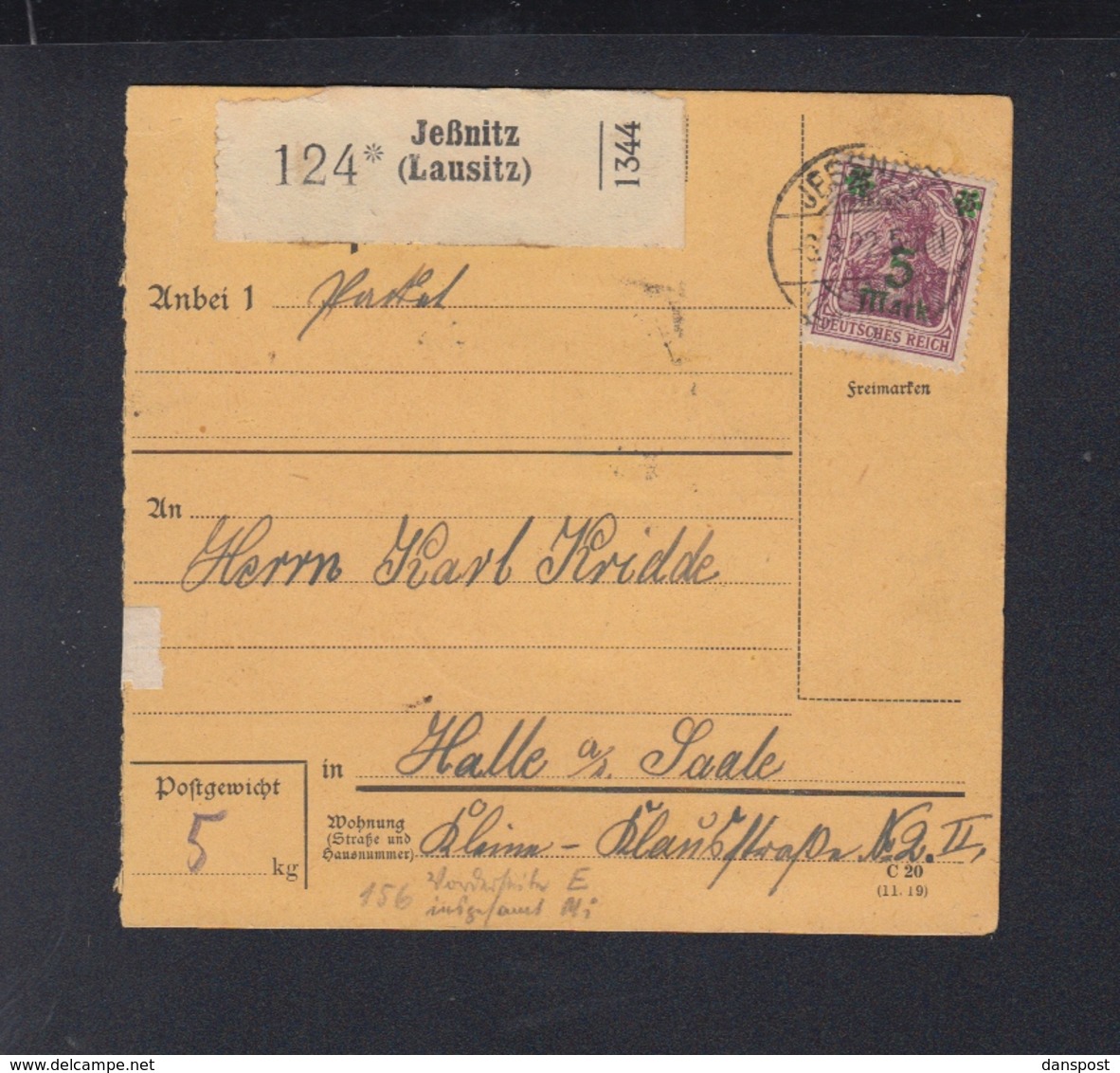 Dt. Reich Paketkarte 1922 Jessnitz Nach Halle - Briefe U. Dokumente