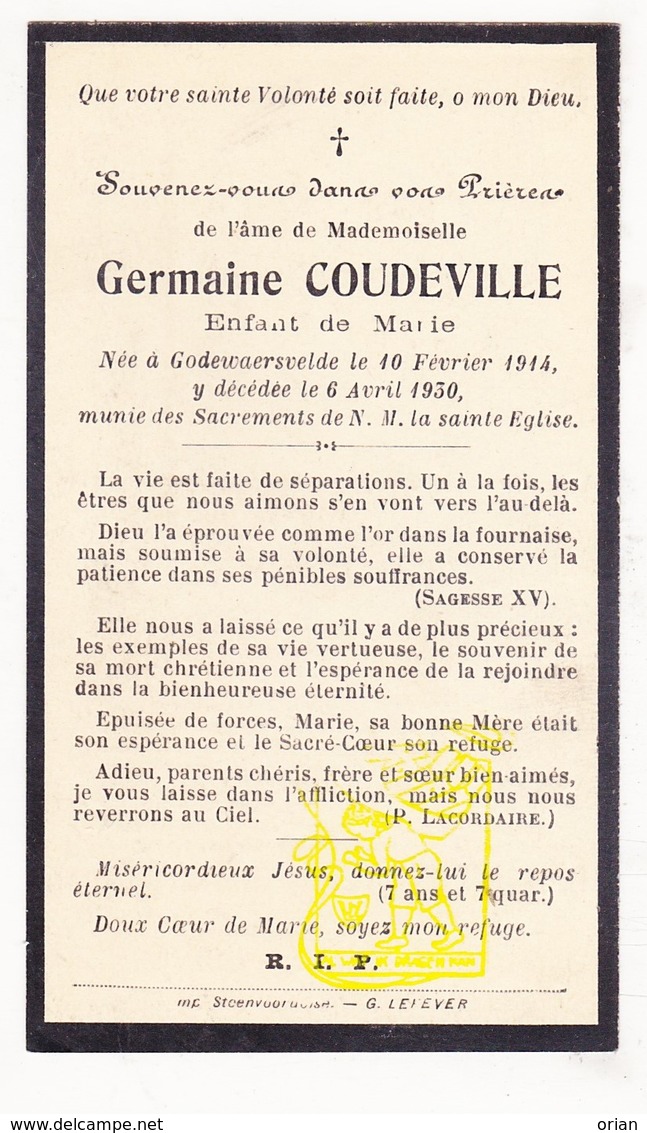 DP Im. Mort. - Germaine Coudeville * 16j. * ° Godewaersvelde FR Nord 1914 † 1930 - Images Religieuses