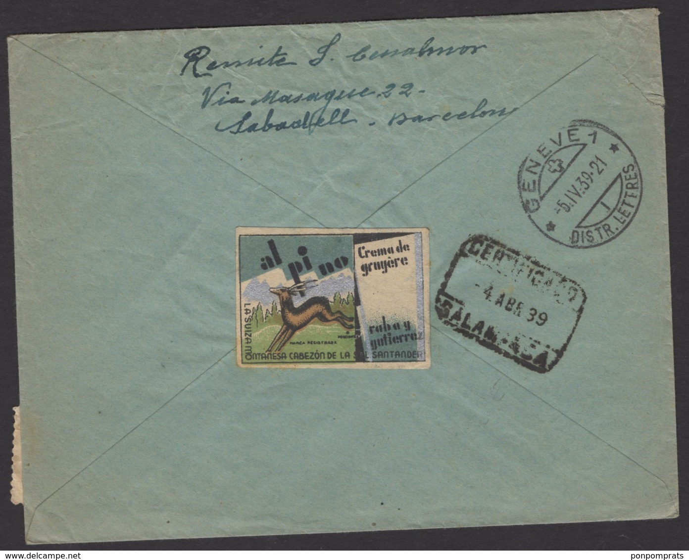 GUERRE D'ESPAGNE (Spanish War) Enveloppe Affrt à 8 Timbres  Oblt CERTIFICADO SABADELL+Sensure > GENEVE + Vignette - Lettres & Documents