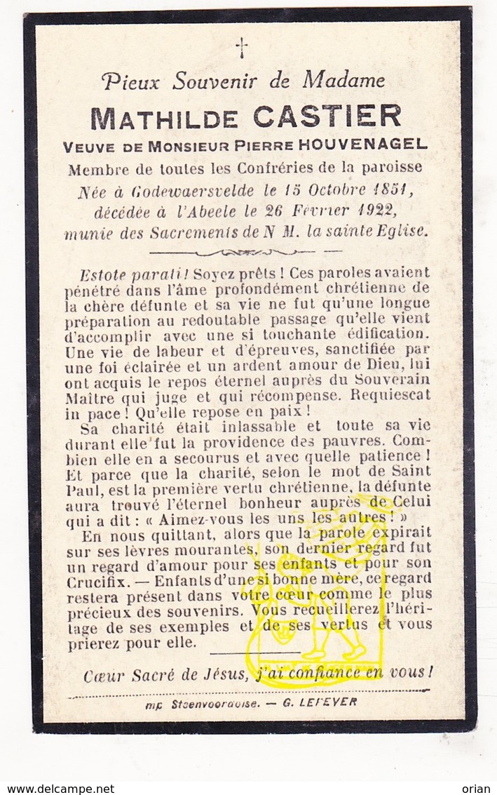 DP Im.Mort.- Mathilde Castier ° Godewaersvelde FR Nord 1851 † Abeele Watou Poperinge BE / Boeschepe FR 1922 X Houvenagel - Images Religieuses