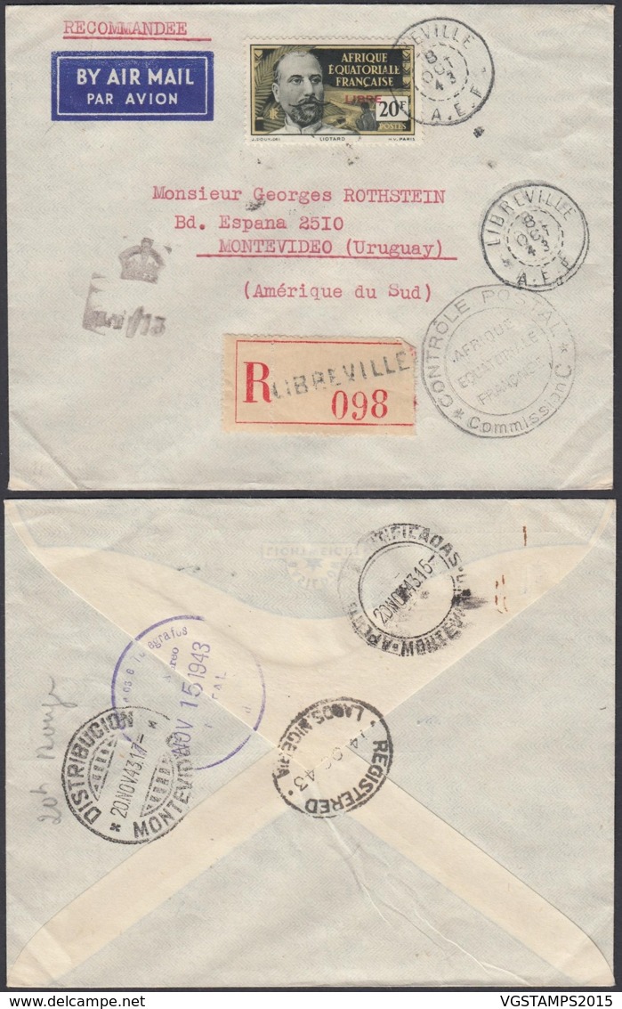 AEF - Lettre Recommandé Yv138 De Libreville, Gabon Vers Montevideo, Uruguay 08/10/1943 (7G29710) DC2566 - Lettres & Documents