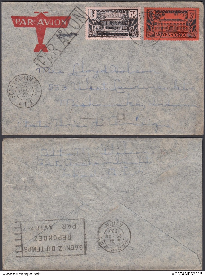 AEF - Lettre Affranchissement Mixte Yv11 De Archambault, Ubangui-Shari Vers USA 24/12/1937 (7G29710) DC2580 - Briefe U. Dokumente