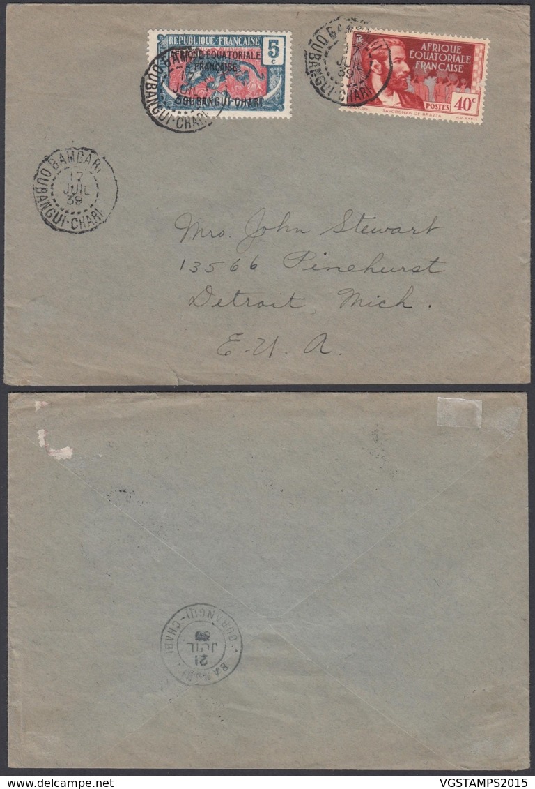 AEF - Lettre Yv43 + Affranchissement Complémentaire De Bambari Vers Detroit, Michigan 17/07/1939 (7G29710) DC2582 - Lettres & Documents