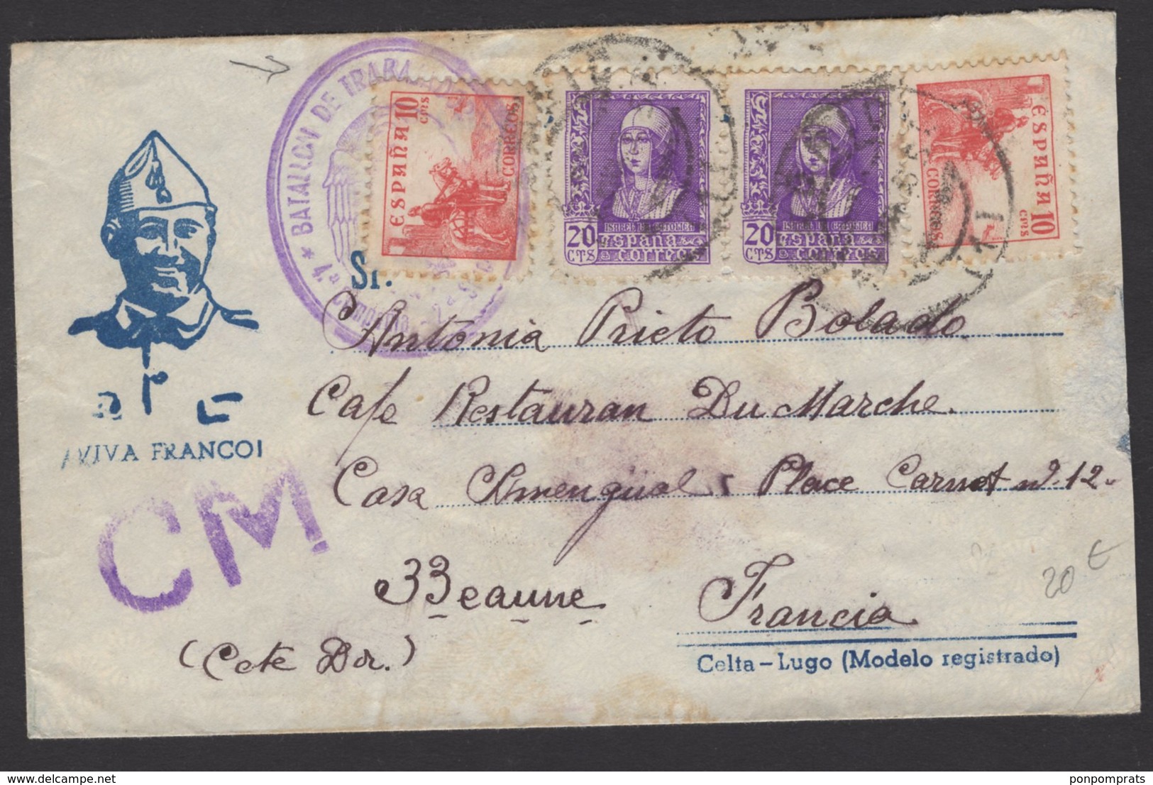 GUERRE D'ESPAGNE (Spanish War) Enveloppe Affrt à 4 Timbres  Oblt TALAVERA + Censure BATALLON DE TRABAJADORES 4a > BEAUN - Lettres & Documents