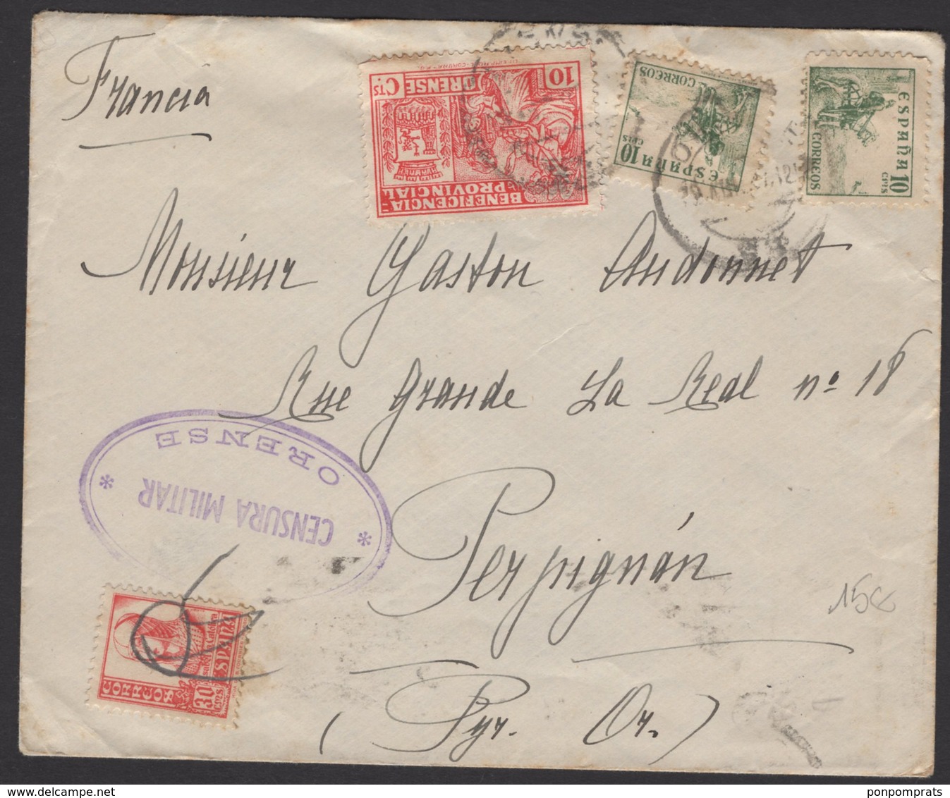 GUERRE D'ESPAGNE (Spanish War) Enveloppe Affrt à 3 Timbres + VignetteBENEFICIA PROVINCI Obl ORENSE + Censure > PERPIGNAN - Lettres & Documents