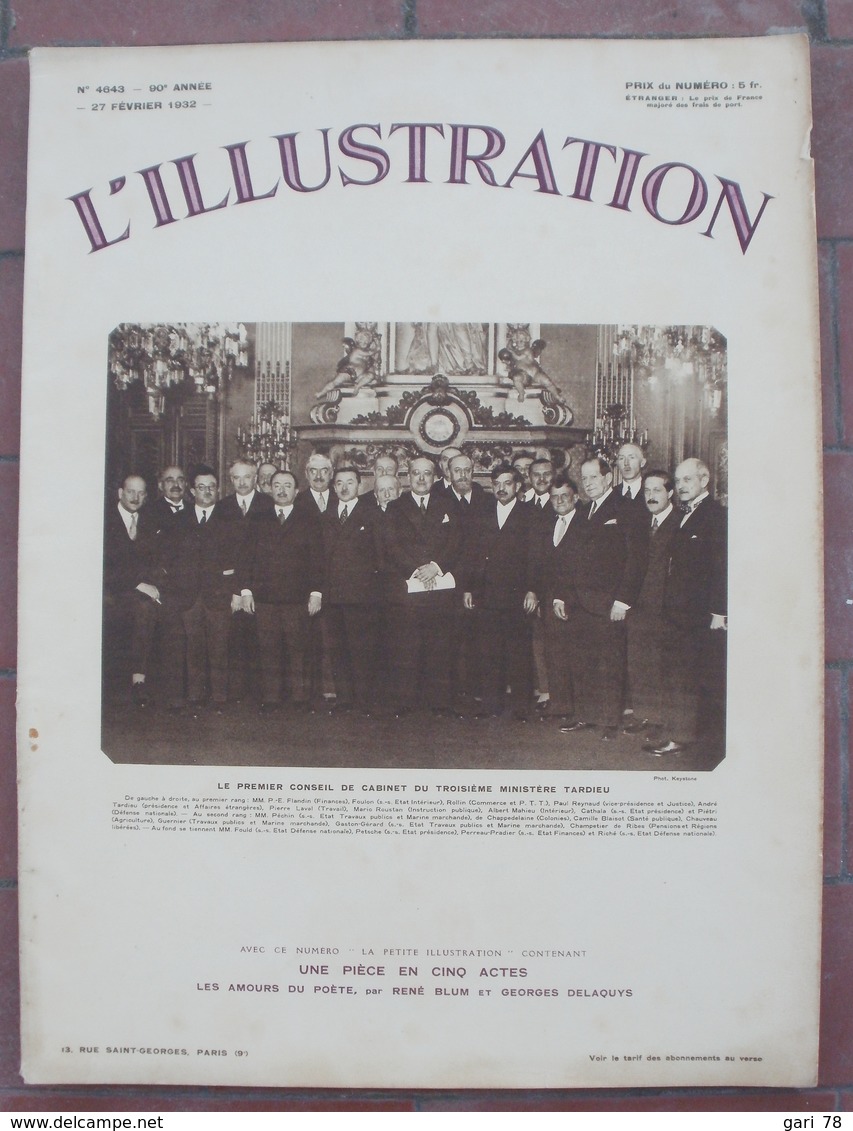 L'ILLUSTRATION N° 4643 - 27 Février 1932 Titre Du N°  Premier Conseil De Cabinet Du 3e Ministère Tardieu - L'Illustration