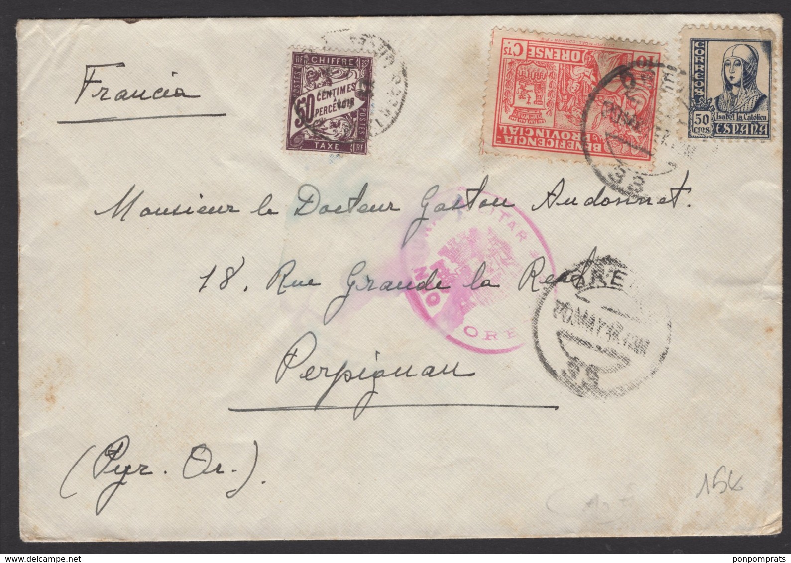 GUERRE D'ESPAGNE (Spanish War) Enveloppe Affrt à 1 Timbres + VignetteBENEFICIA PROVINCI Obl ORENSE + Censure > PERPIGNAN - Lettres & Documents