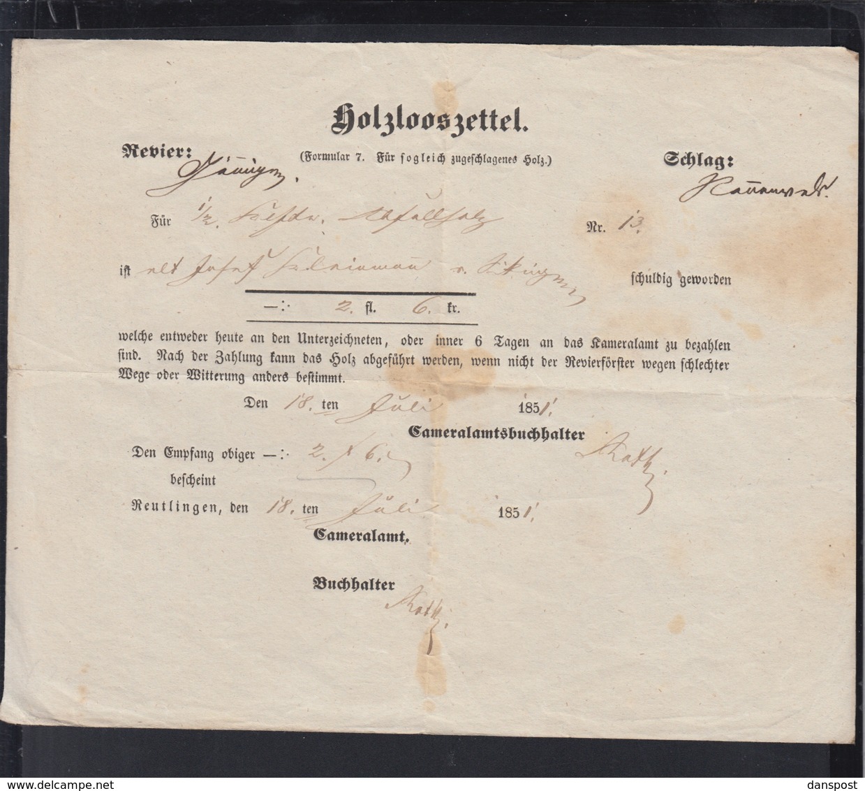 Reutlingen Holzlooszettel 1851 - Historische Dokumente