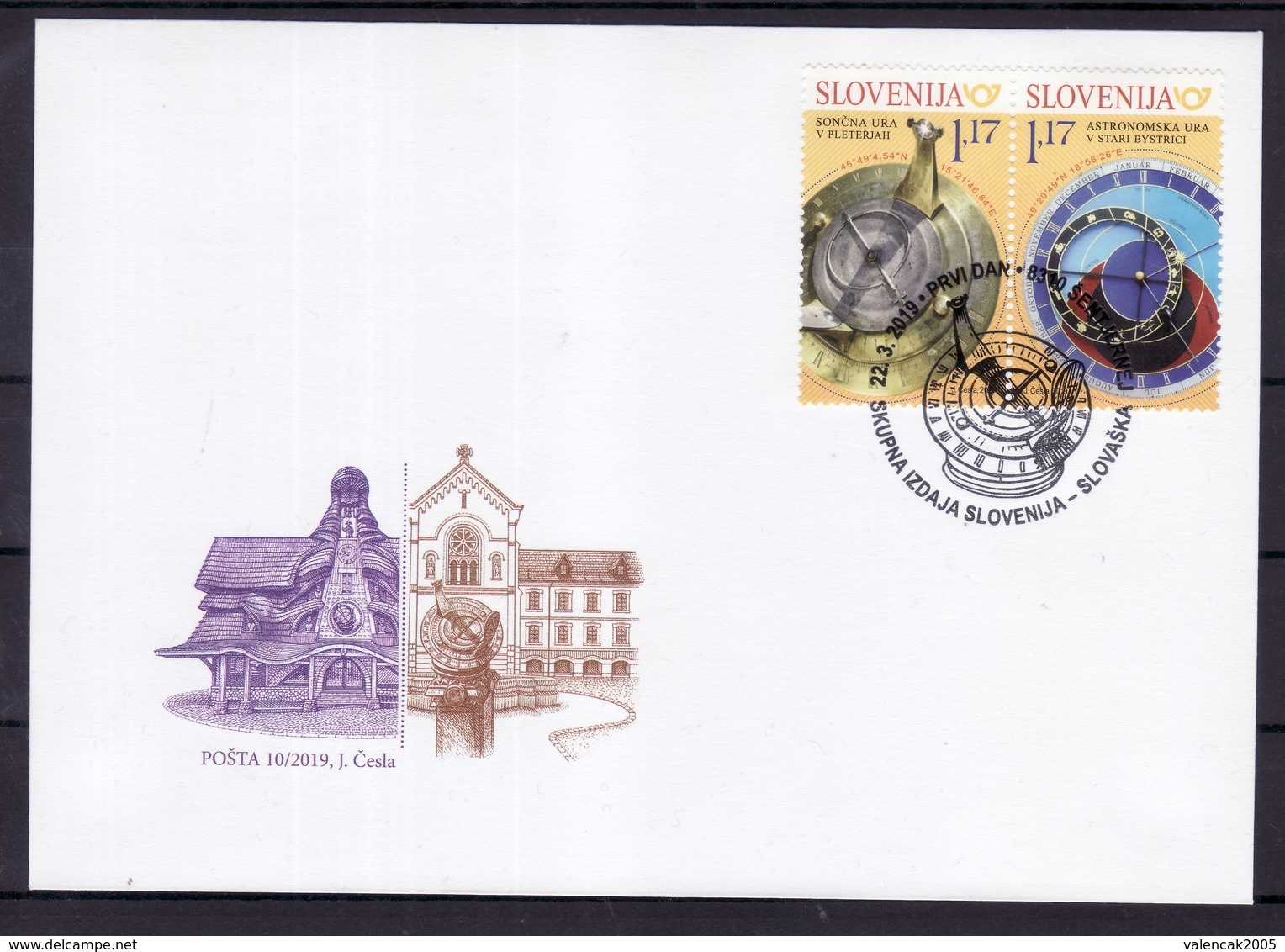 3333 A89 Slowenien Slovenia Joint Slovakia Slovensko 2019 FDC Sundial Astronomical Clock - Joint Issues