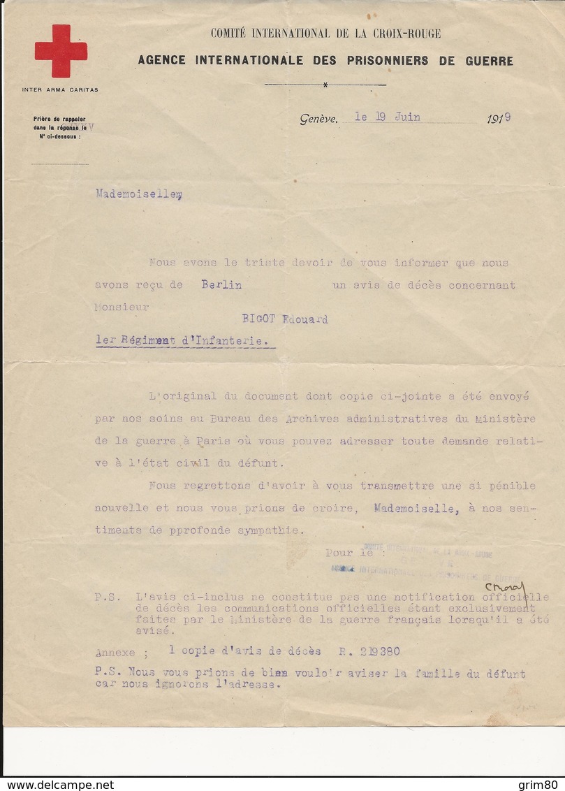 FEUILLE   CROIX  ROUGE   AGENCE  INTERNATIONALE  DES  PRISONNIERS   DE  GUERRE     1919 - Documents
