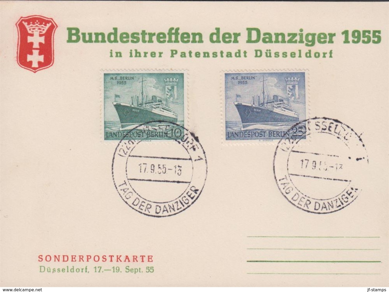 1955. Berlin. 10 + 25 Pf. MS BERLIN. DÜSSELDORF TAG DER DANZIGER 17.9.55. Postkarte: ... (MICHEL 126-127) - JF310569 - Lettres & Documents