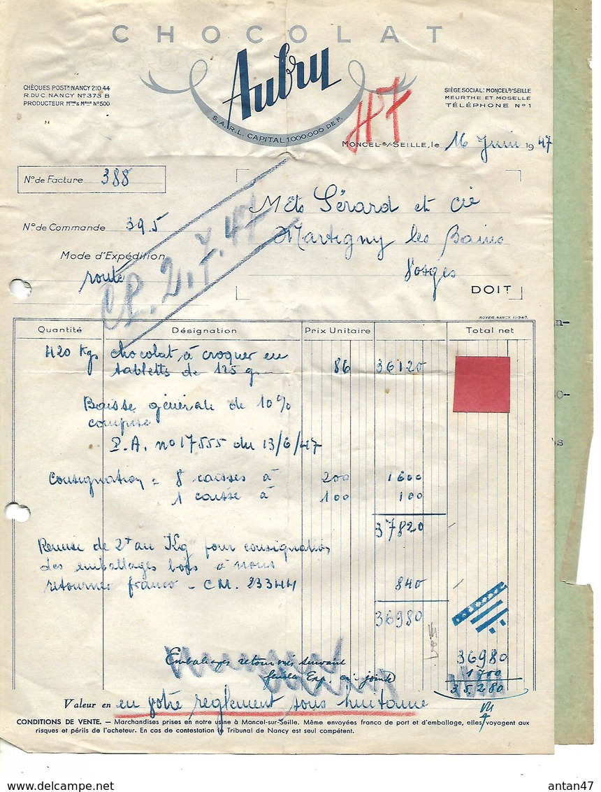 Facture, Bon Ravitaillement Et Bon SNCF / Militaria 1947 /  54 MONTCEL / Chocolat AUBRY / 88 Gerard MARTIGNY - Documents