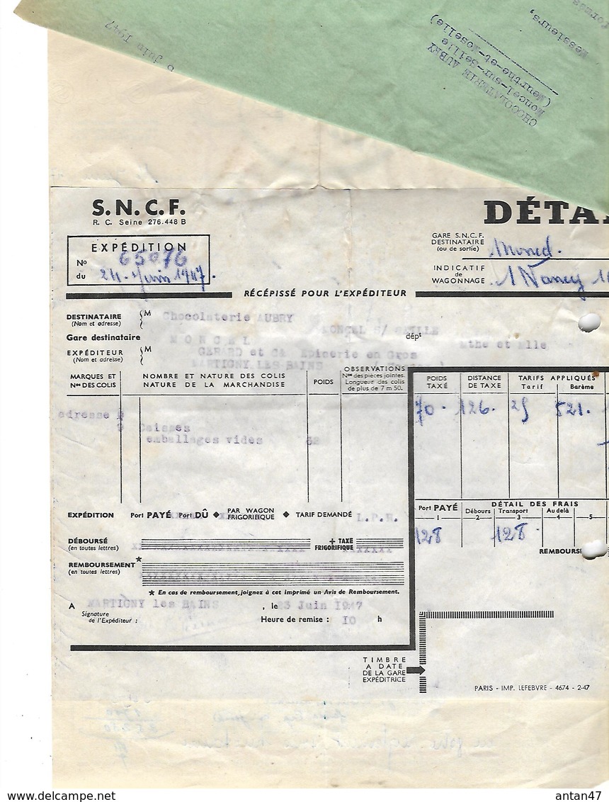 Facture, Bon Ravitaillement Et Bon SNCF / Militaria 1947 /  54 MONTCEL / Chocolat AUBRY / 88 Gerard MARTIGNY - Documents