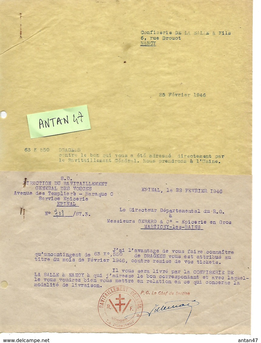 Lettre 1946 Ravitaillement 88 EPINAL + Lettre Confiserie DE LA SALLE  54 NANCY / 88 Gerard MARTIGNY - Documents