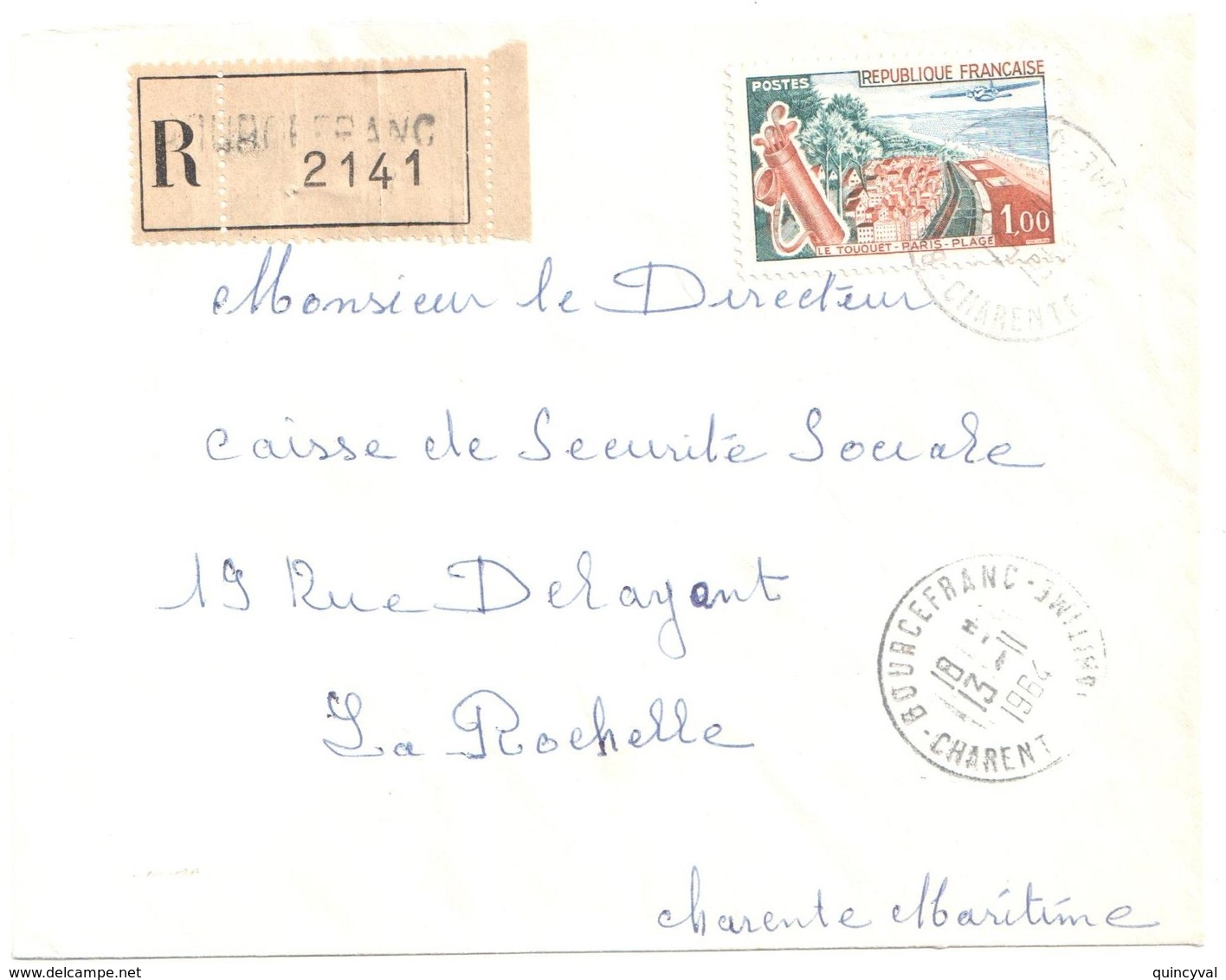 BOURCEFRANC Charentes Maritimes Lettre Recommandée Franchise Partielle Sécurité Sociale 1964 Port Seule RECO 1F Yv 1355 - 1961-....