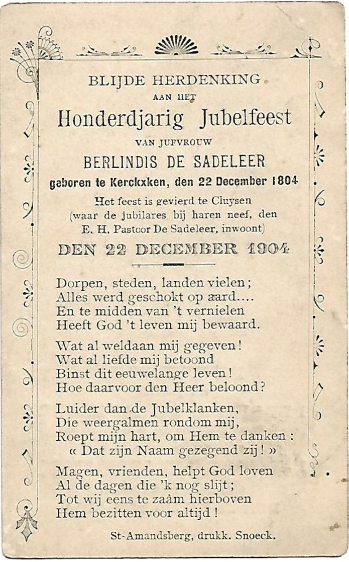 Cluysen - Kerkxken - 100 Jarig Jubelfeest Berlindis De Sadeleer. - Evergem