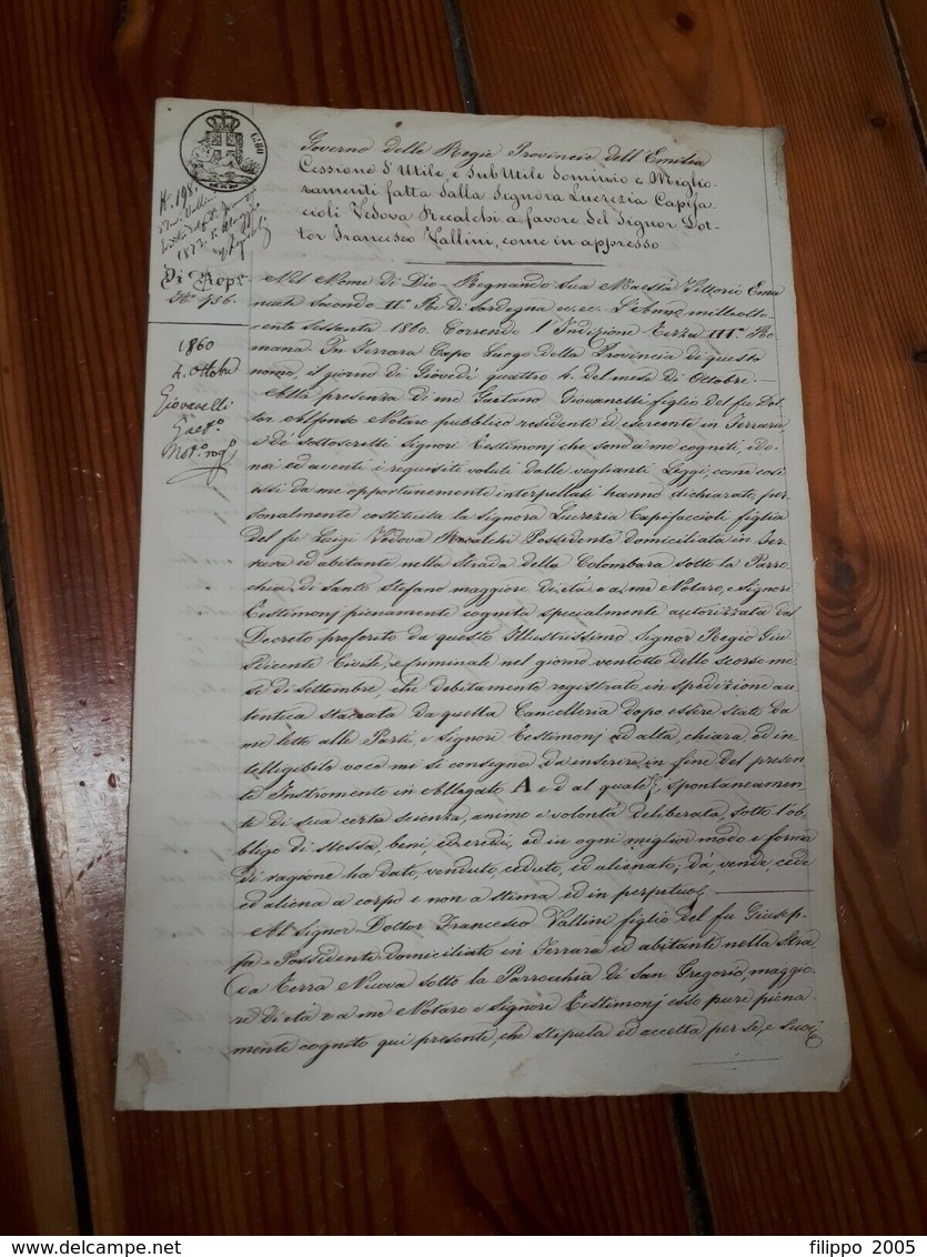 1860 FERRARA REGIE PROVINCIE EMILIA ATTO MANOSCRITTO SU CARTA BOLLATA - Manuscripten