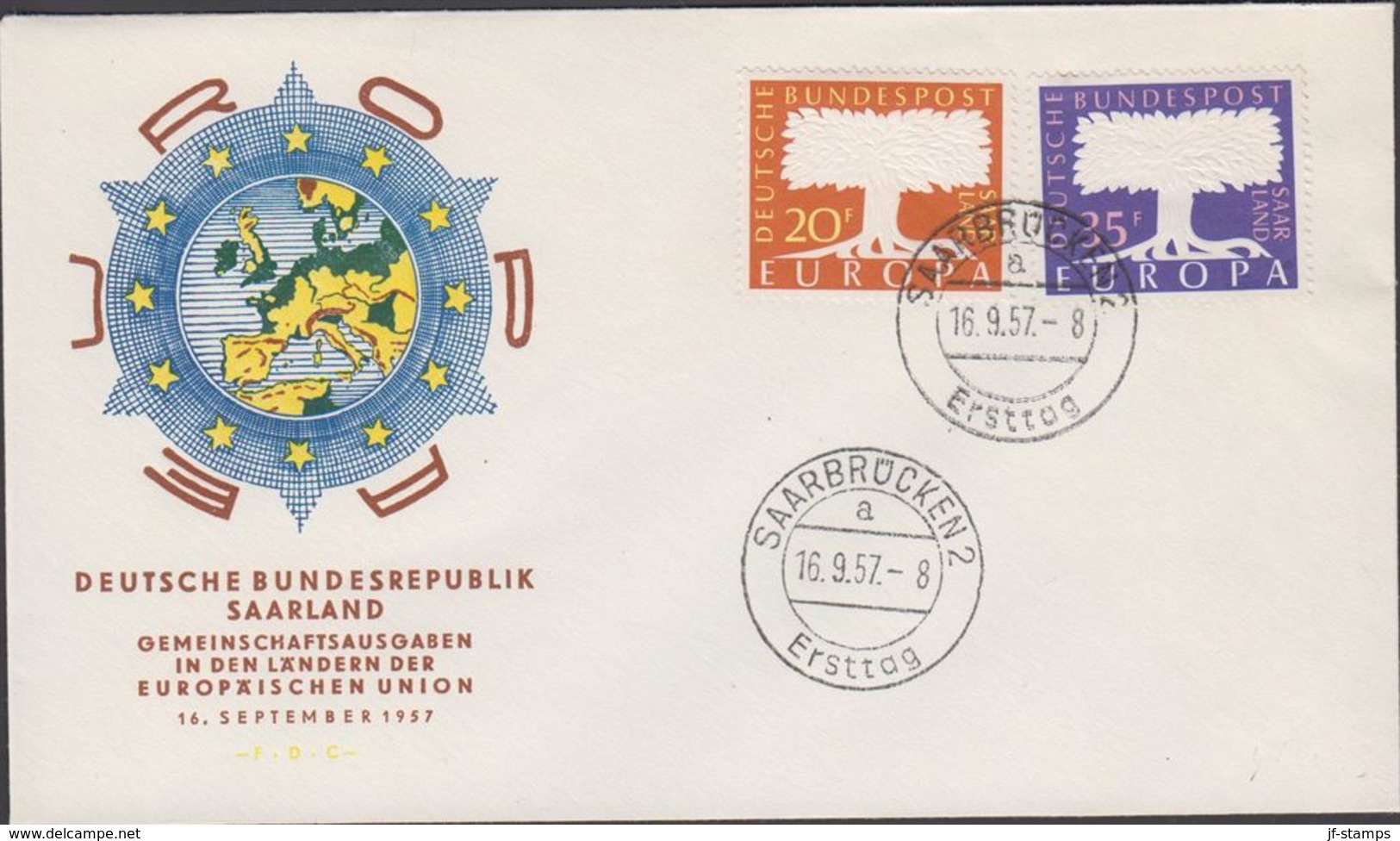 1957. EUROPA - CEPT. 20 + 35 Fr. FDC SAARBRÜCKEN 16. 9. 57 Ersttag (MICHEL 402-403) - JF310451 - Lettres & Documents