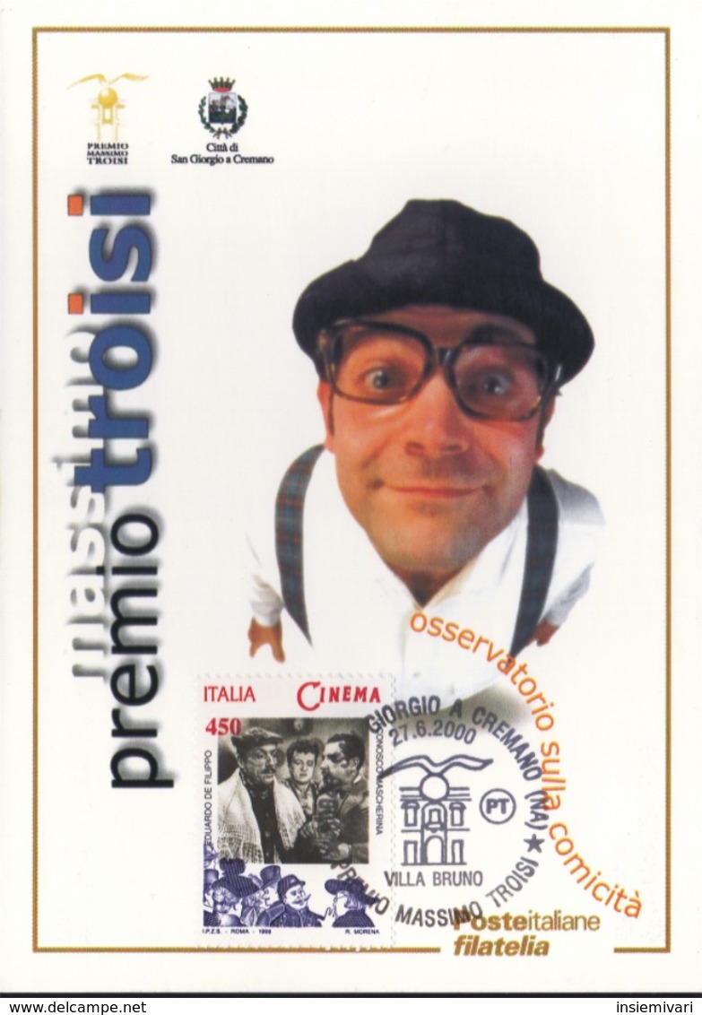 ITALIA REP. - 2000 - POSTE ITALIANE DIVISIONE FILATELIA CARTOLINA PREMIO MASSIMO TROISI.ANNULLO S.GIORGIO A CREMANO. - Autres & Non Classés