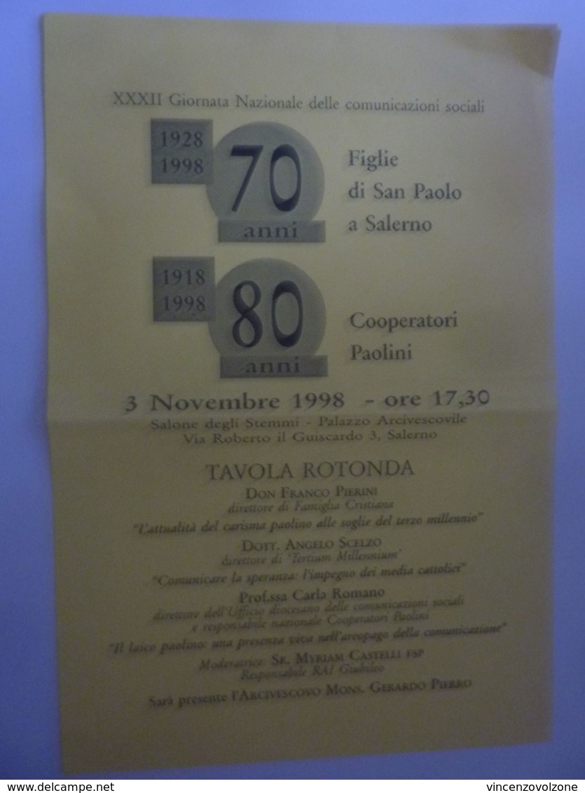 Volantino "70° FIGLIE DI SAN PAOLO - 80° ANNI COOPERATORI PAOLINI Tavola Rotonda Novembre  1998, Salerno" - Programmi