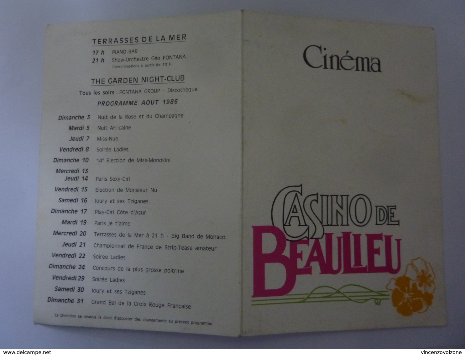 Pieghevole "CINEMA CASINO DE BEAULIEAU Programme Aout 1986" - Programmi