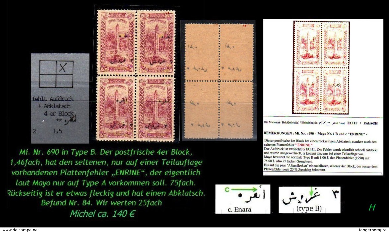 TURKEY ,EARLY OTTOMAN SPECIALIZED FOR SPECIALIST, SEE...Mi. Nr. 690 Type Bfc - Plattenfehler + 4er Block-RRR- - 1920-21 Anatolia