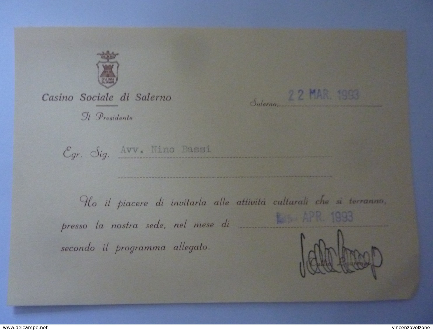 Cartoncino Invito "Casino Sociale Di Salerno" 22 Marzo 1993 - Altri & Non Classificati