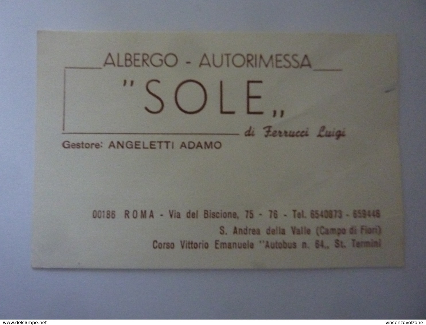 Cartoncino Da Visita "ALBERGO AUTORIMESSA SOLE Roma" Anni '60 - Cartoncini Da Visita