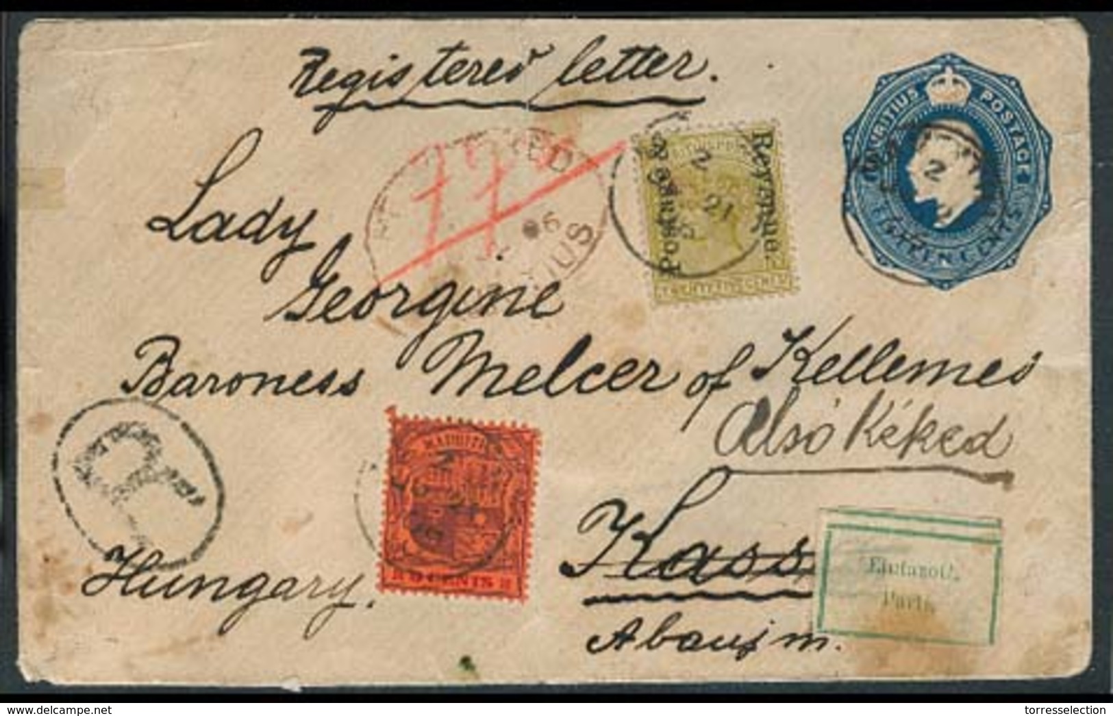 BC - Mauritius. 1923. 15c Reg Stat Env + 2 Adtls To Hungary + Returned / Ovptd Issue + Red Oval Reg Pmk. - Autres & Non Classés