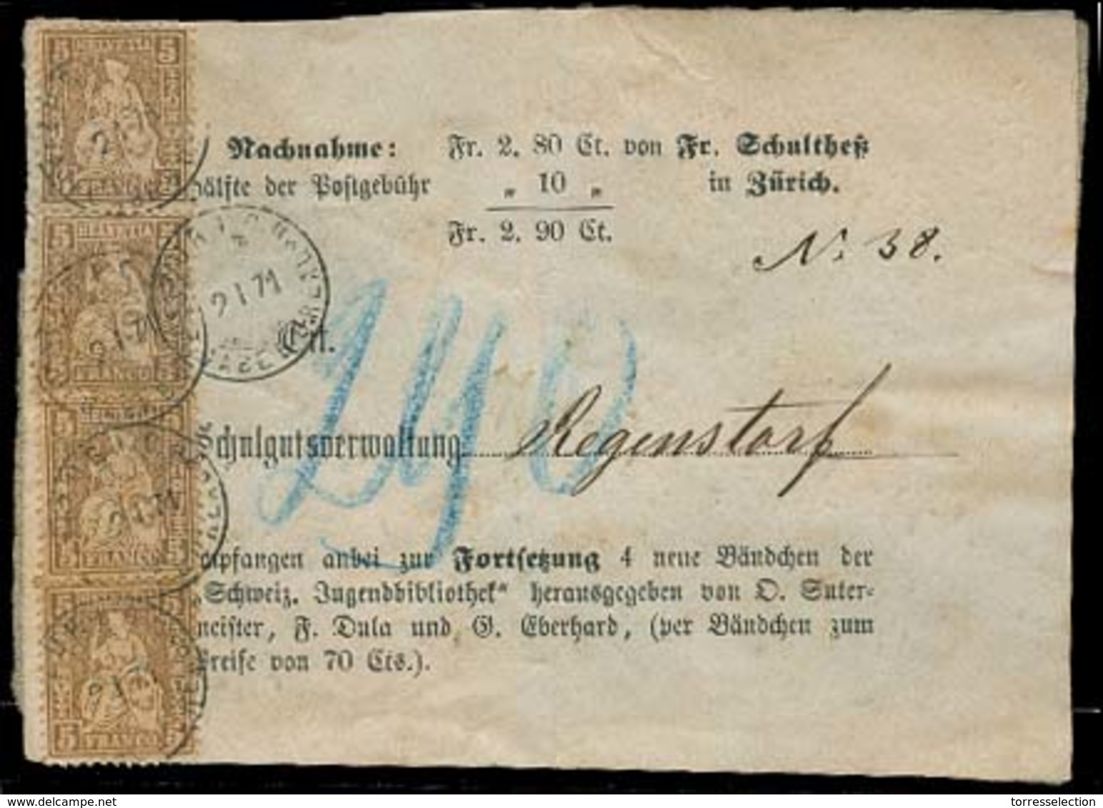 SWITZERLAND. 1871 (2 Jan). Zurich - Regens. Reimboursent Package Front 5c X4 Cds. - Sonstige & Ohne Zuordnung