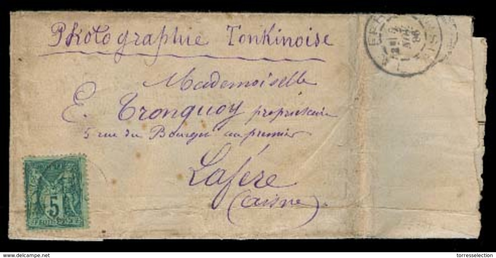 INDOCHINA. 1886. Tonkin - France (2 Nov 1886). Fkd Wrapper 5c Sage / Cds Containing Silk Hand Painted Paper. V. Scarce I - Asia (Other)