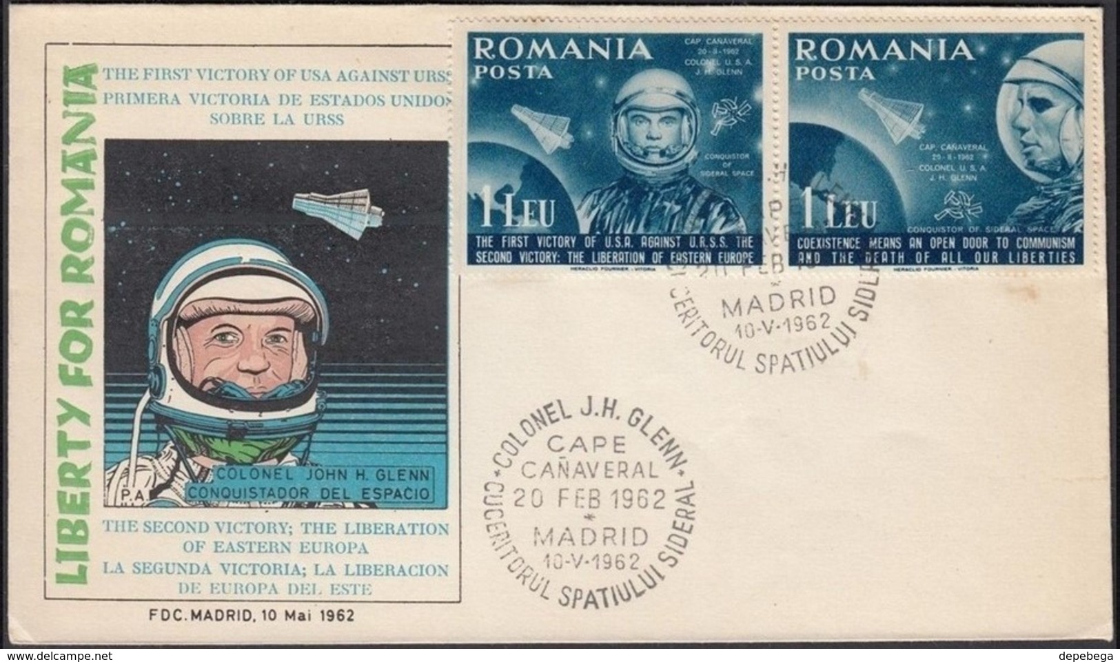 Exile FDC, Liberty For Romania. American Astrounaut John Glenn. Cape Cañaveral - Madrid 10 May 1962. - Lettres & Documents