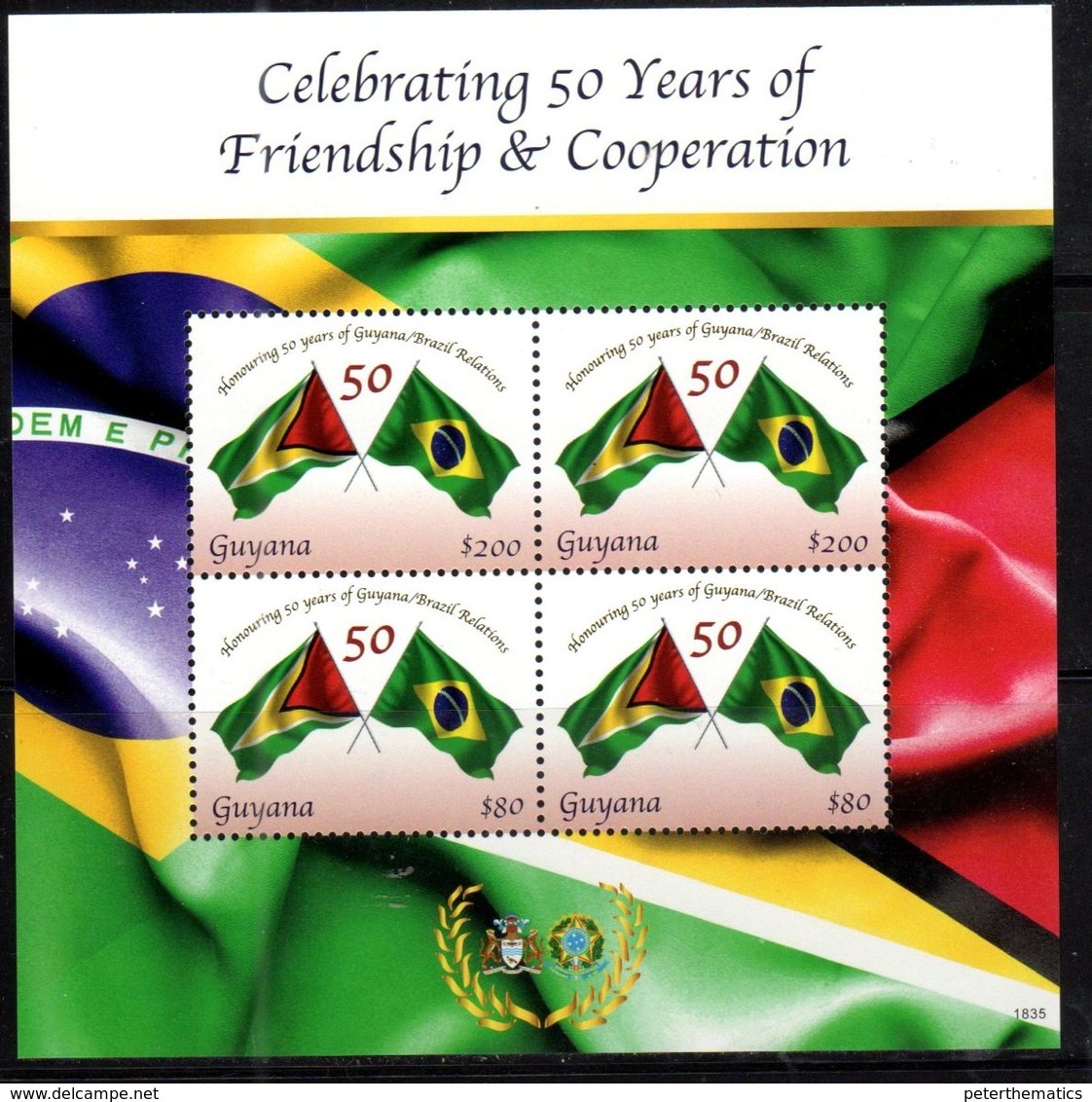 GUYANA, 2018, MNH, FLAGS, 50  YEARS OF GUYANA -BRAZIL FRIENDSHIP,  SHEETLET OF 4v - Sellos