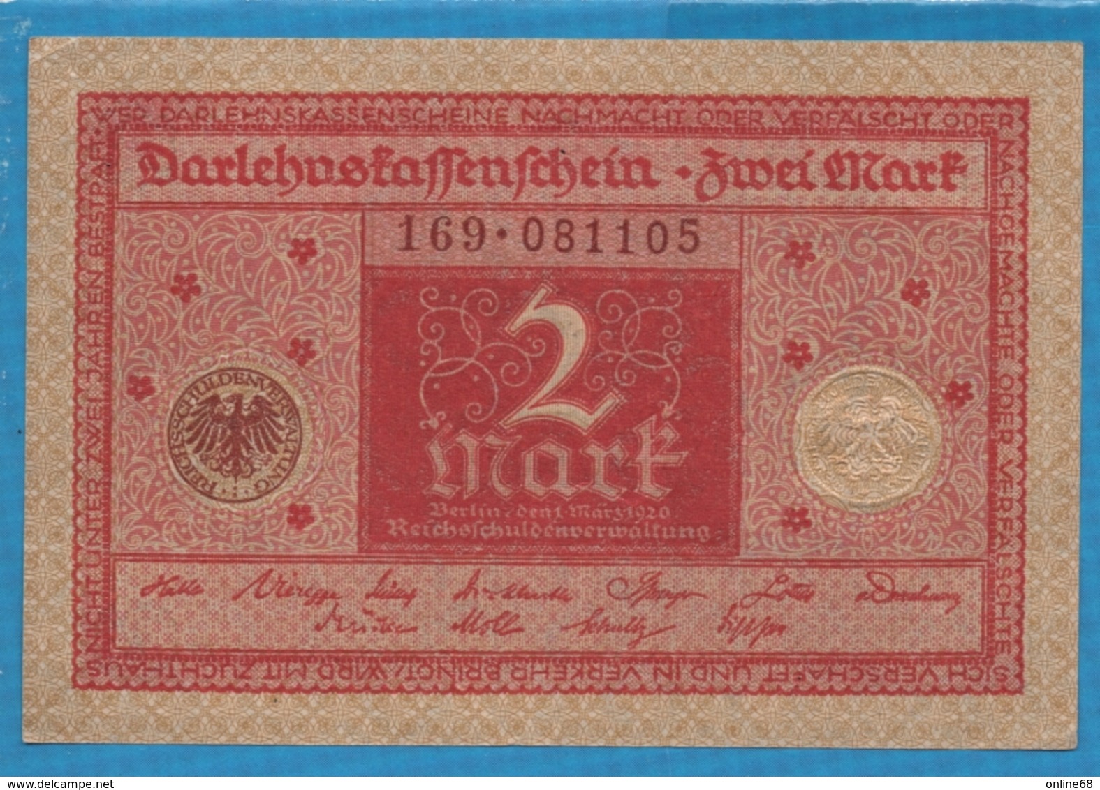 DEUTSCHES REICH 2 Mark 01.03.1920 No 169.081105 P# 59 DARLEHENSKASSENSCHEINE - Altri & Non Classificati