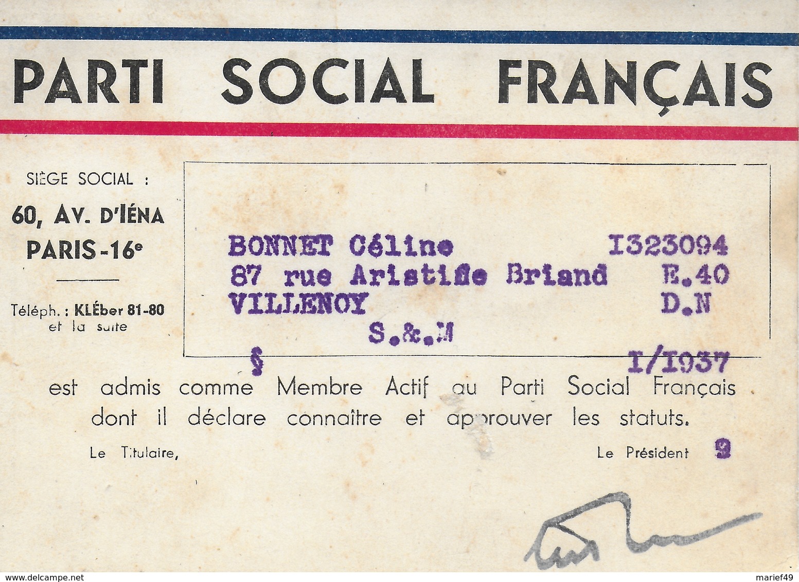 CARTE ADHERENT PARTI SOCIAL FRANCAIS 1937 - Documents Historiques