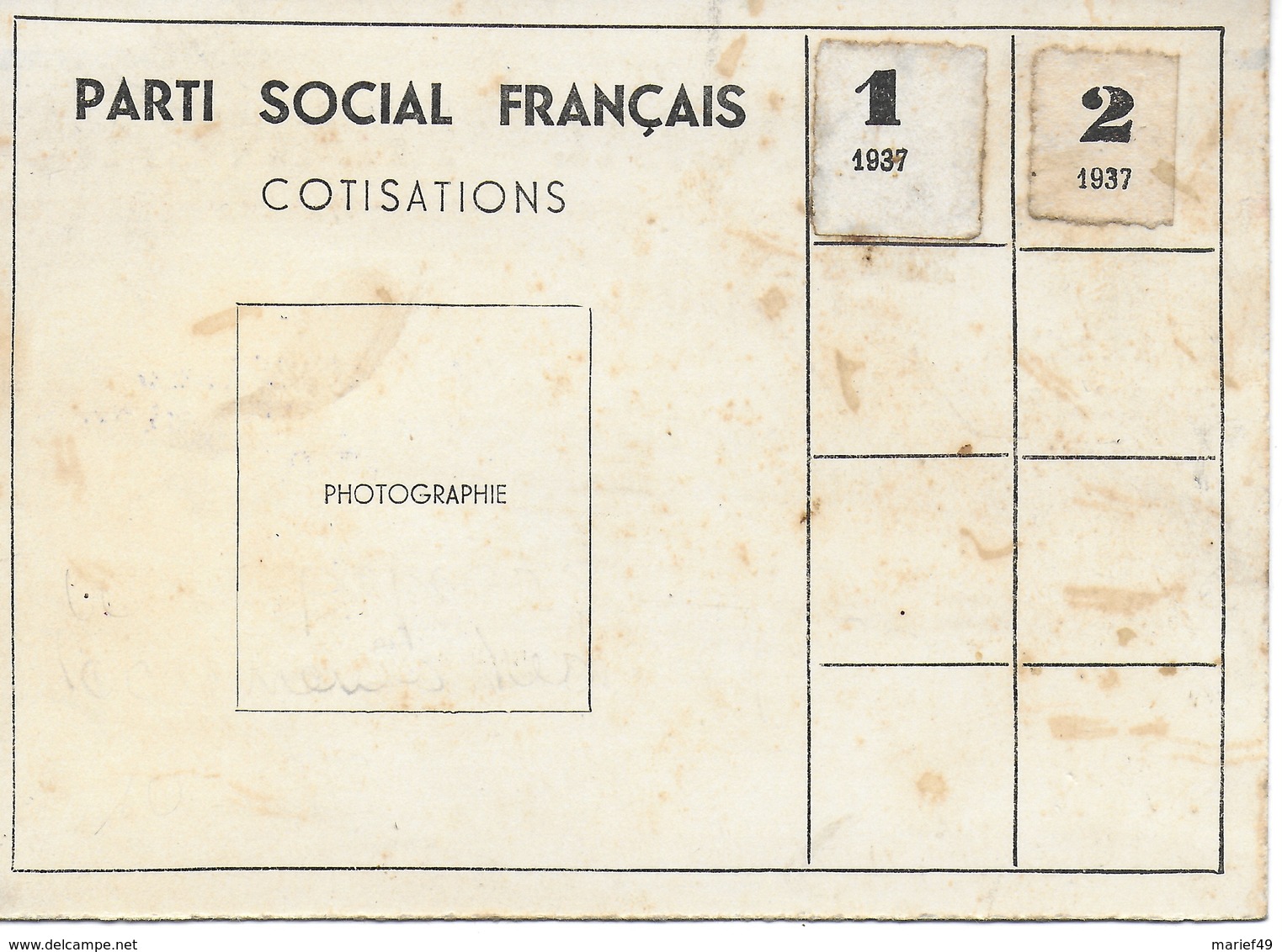 CARTE ADHERENT PARTI SOCIAL FRANCAIS 1937 - Documents Historiques