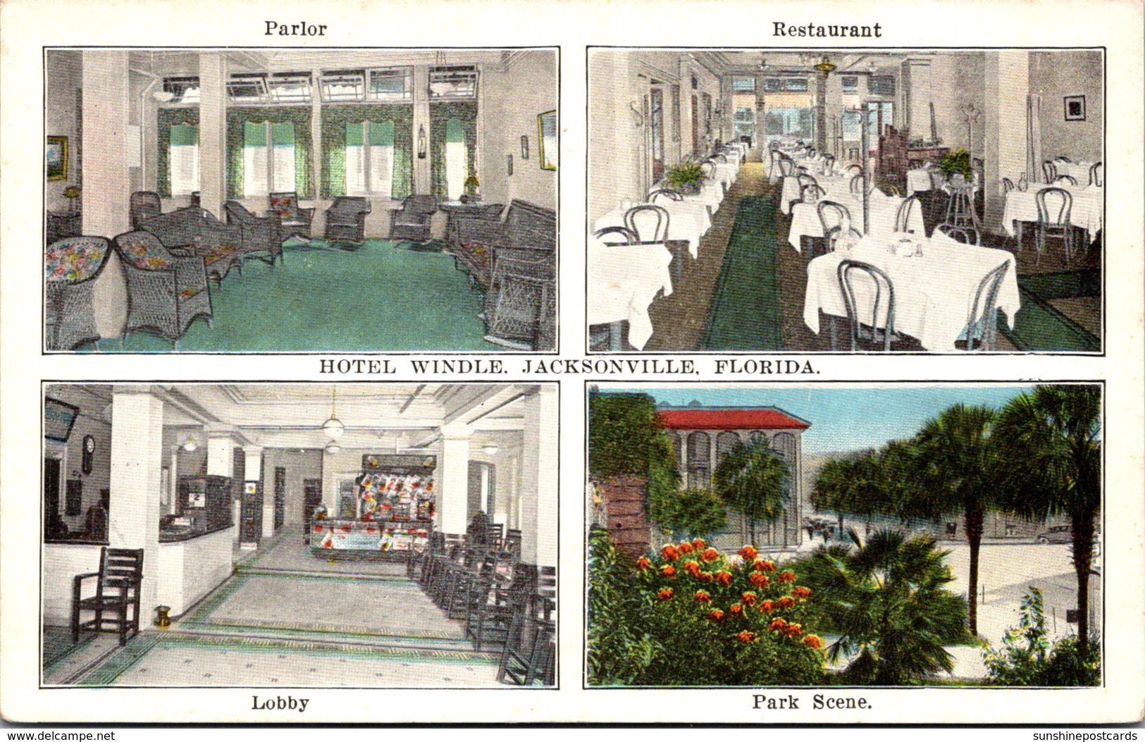 Florida Jacksonville Hotel Windle Parlor Restaurant Lobby And Park Scene - Jacksonville