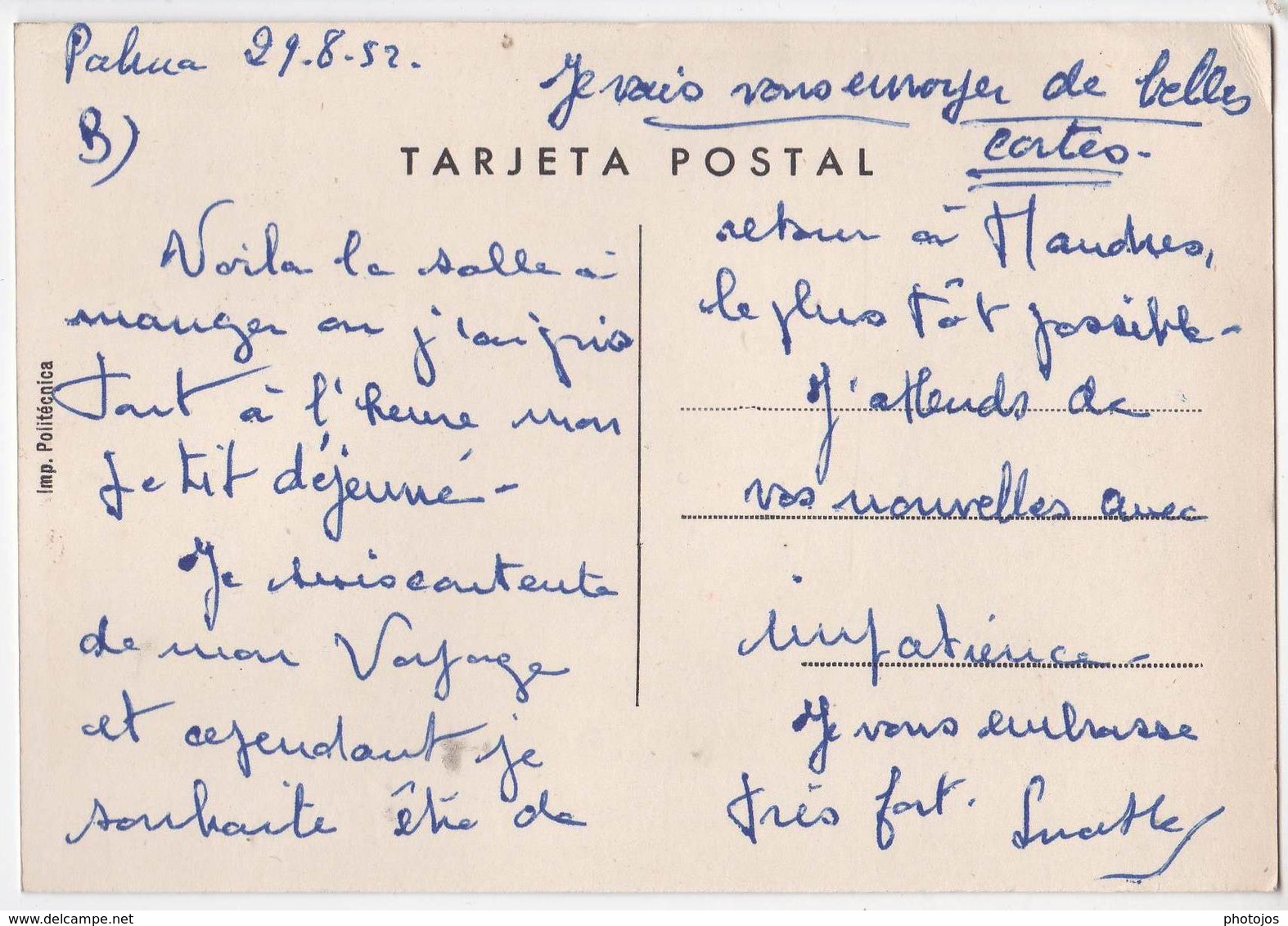 Tarjeta Postal : Palma De Mallorca  Hotel Perù, J Sanso   Pl Palou    1952 - Palma De Mallorca