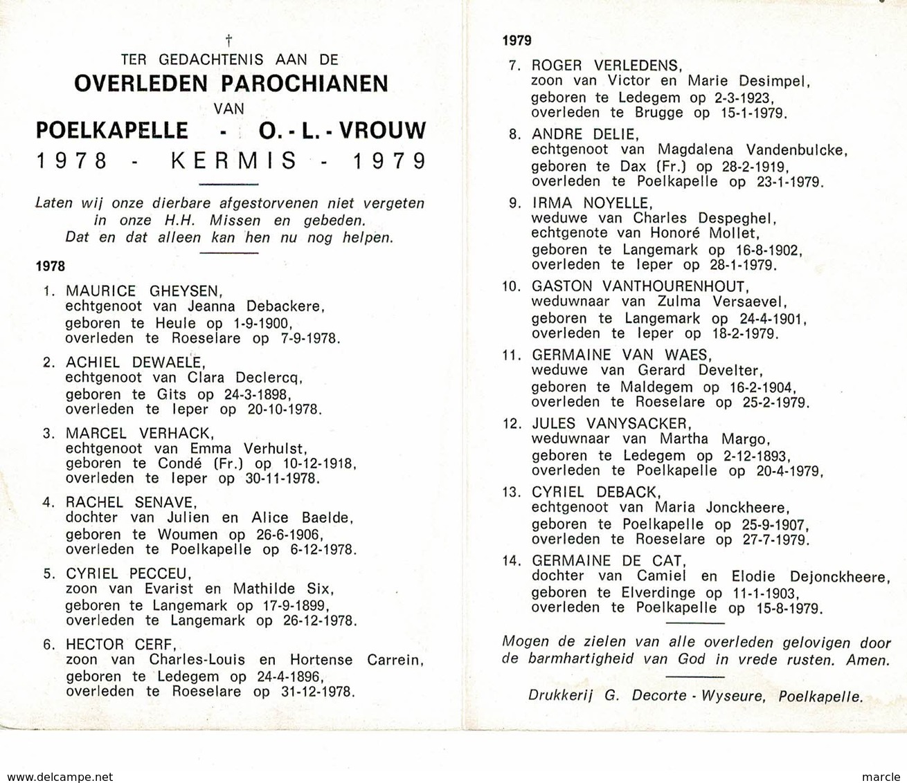 Poelkapelle 1978 Kermis 1979 Gedachtenis Overleden Parochianen O.-L.-Vrouw - Décès