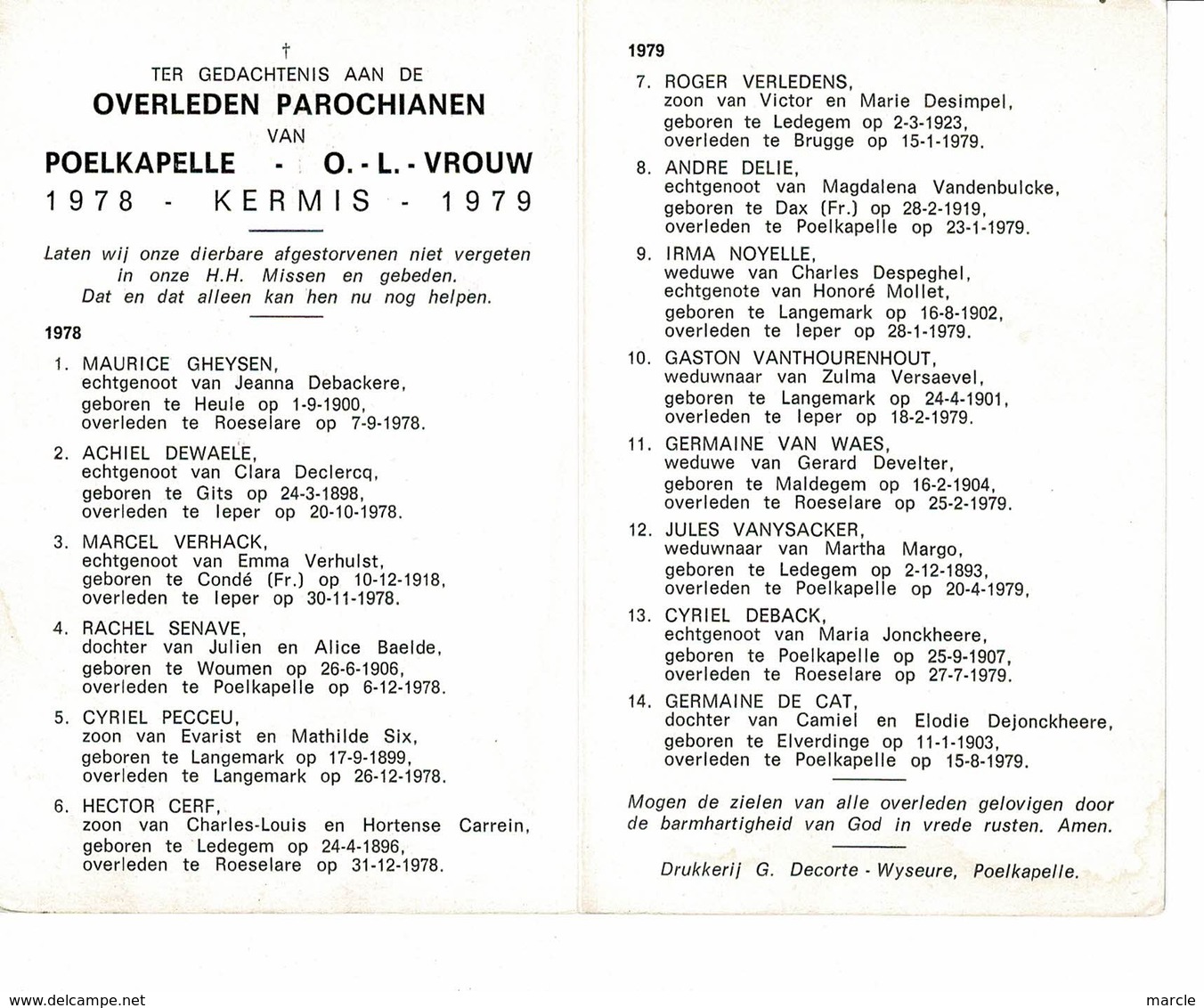 Poelkapelle 1979 Kermis 1980 Gedachtenis Overleden Parochianen O.-L.-Vrouw - Décès