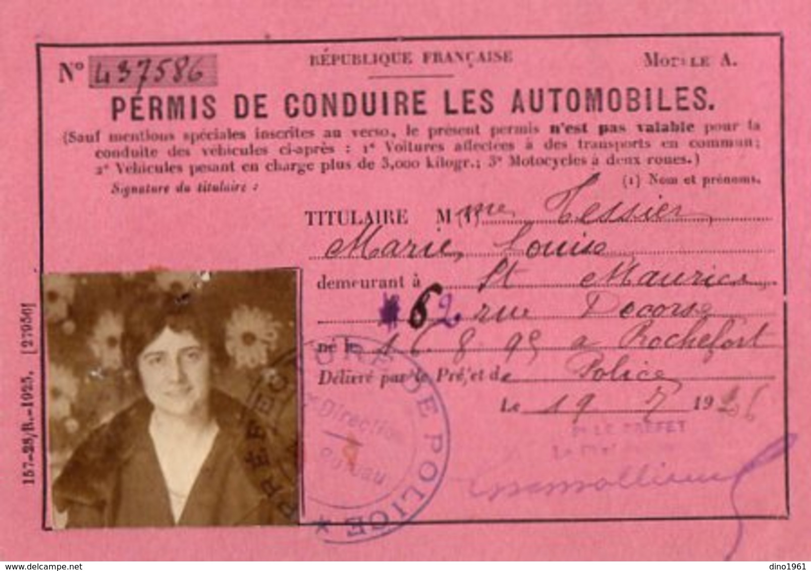 VP14.617 - Préfecture De Police - SAINT MAURICE 1926 - Permis De Conduire Les Automobiles - Mme Marie - Louise TESSIER - Police & Gendarmerie