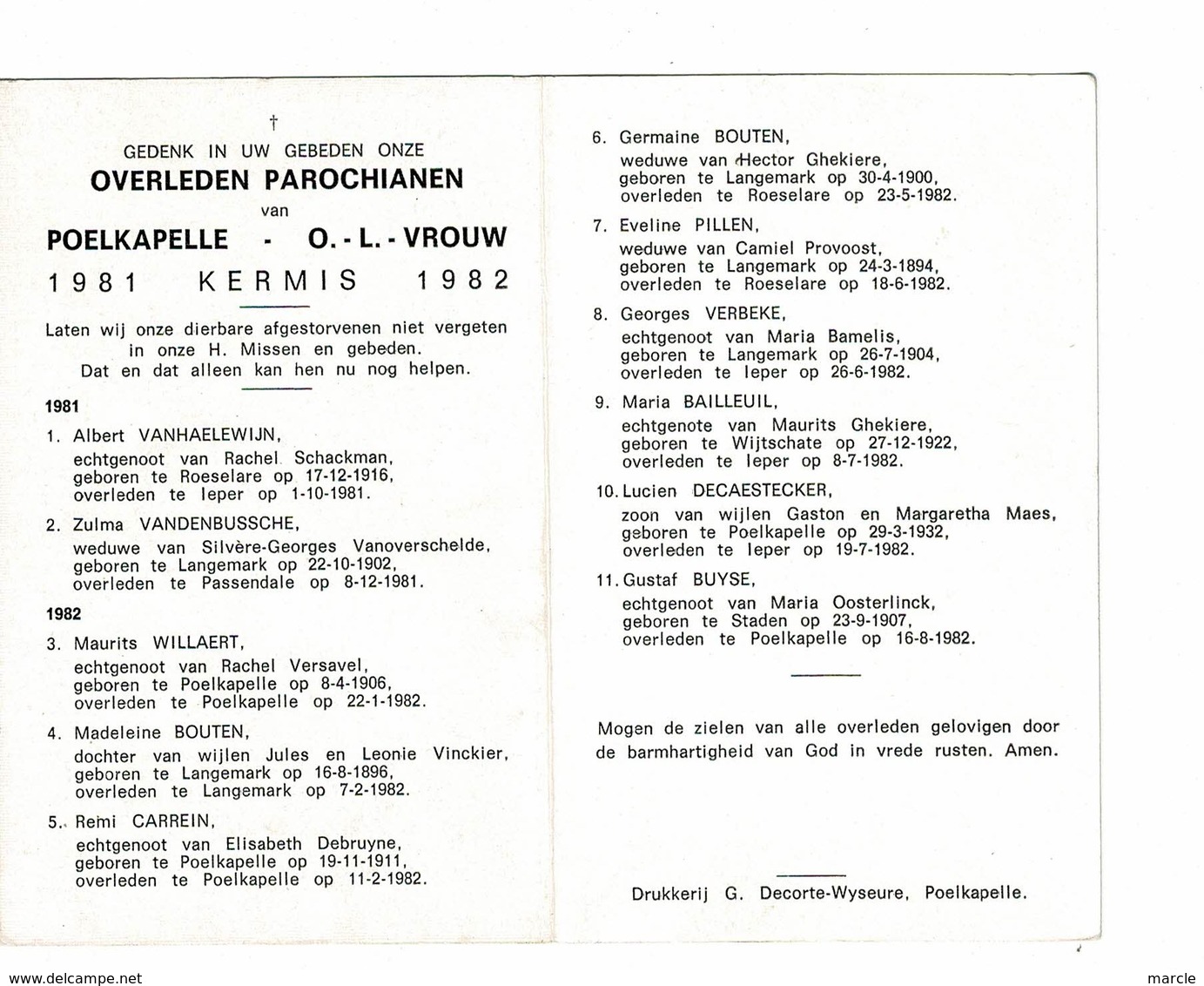 Poelkapelle 1981 Kermis 1982 Gedachtenis Overleden Parochianen O.-L.-Vrouw - Décès