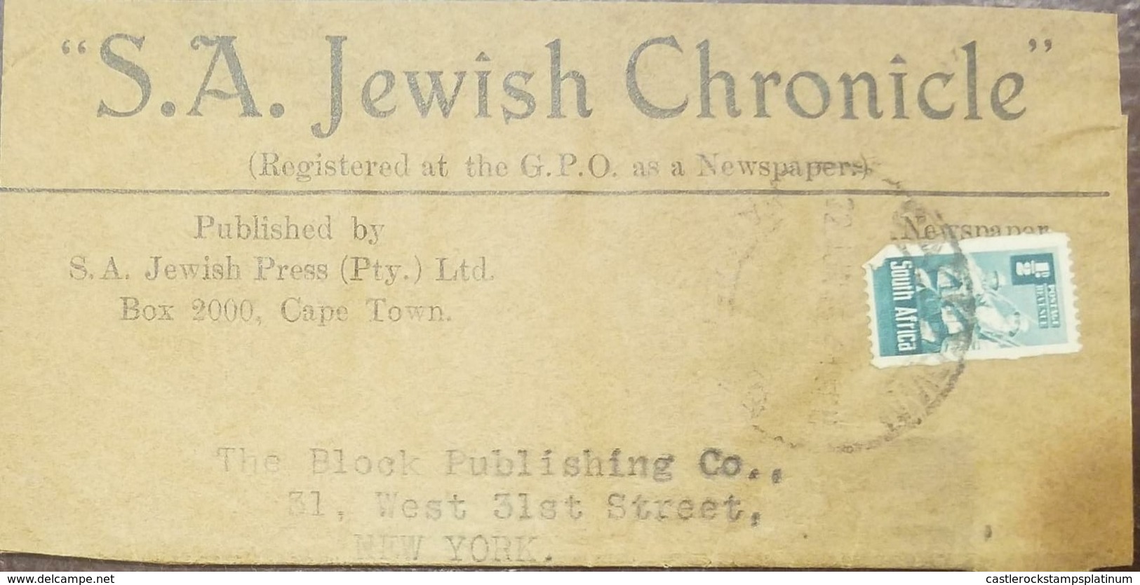 O) 1943 SOUTH AFRICA, INFANTRY SCT 81 1/2p. NEWSPAPER-S.A. JEWISH CHRONICLE, TO USA - Luchtpost