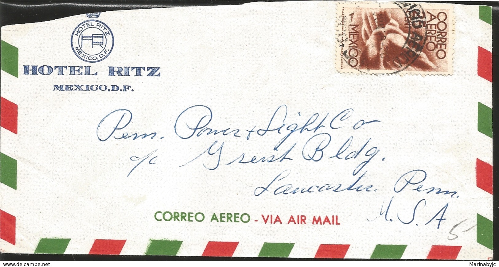 J) 1944 MEXICO, COMMERCIAL LETTER, HOTEL RITZ, SYMBOL OF FLIGHT, AIRMAIL, CIRCULATED COVER, FROM MEXICO TO USA - Mexico