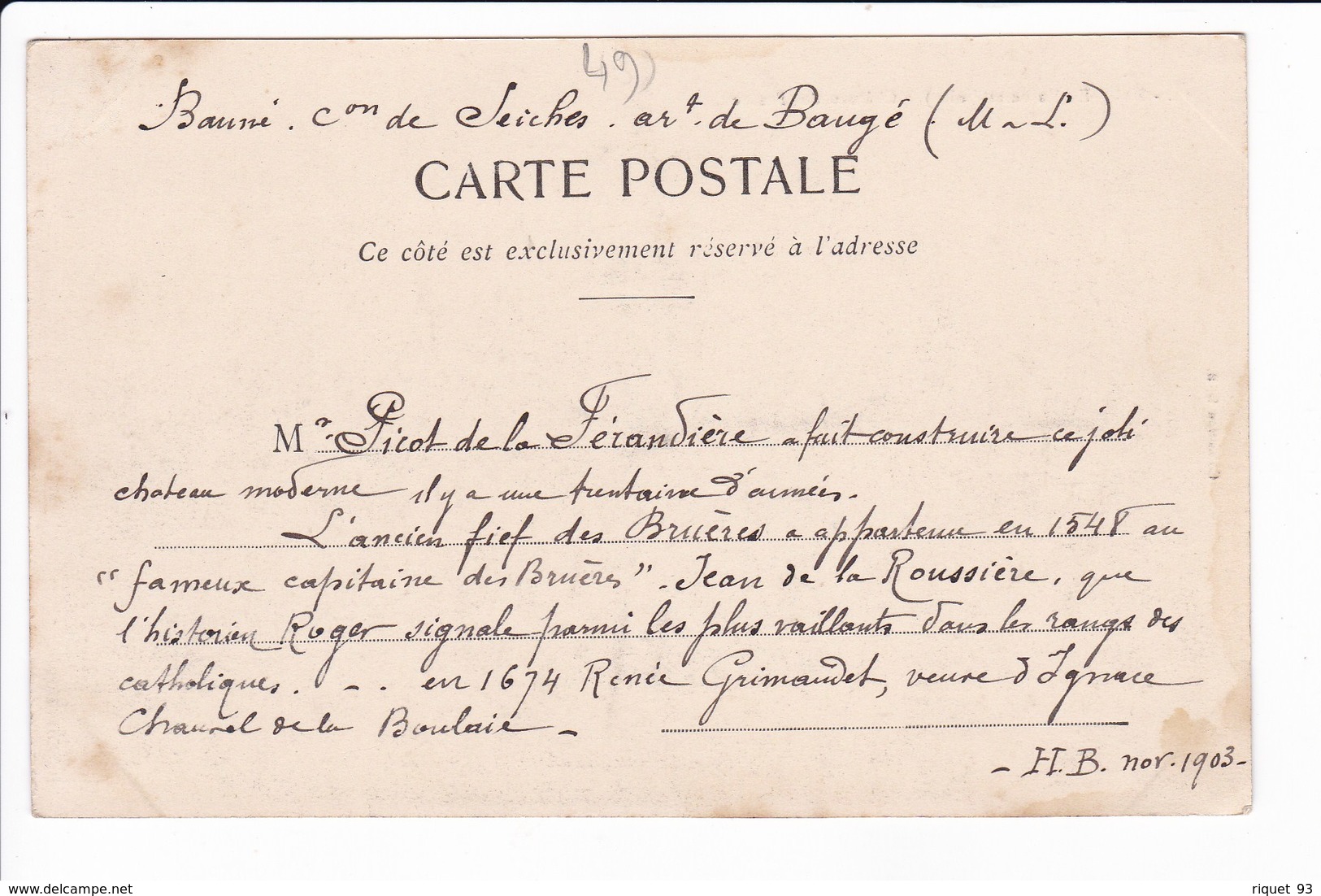 33 - BAUNE - Château Des Bruères -information Manuscrites De 1903 Sur Les Propriétaires Et La Construction) - Sonstige & Ohne Zuordnung