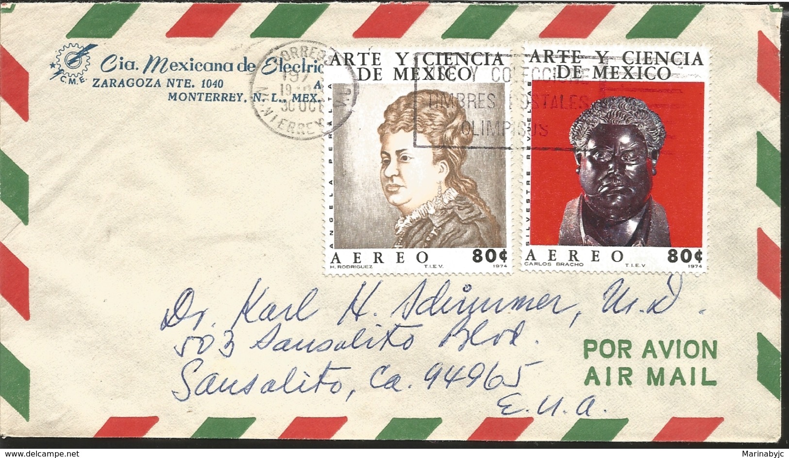 J) 1974 MEXICO, ART AND SCIENCE, ANGELA PERALTA, SILVESTRE REVUELTAS, MULTIPLE STAMPS, AIRMAIL, CIRCULATED COVER, FROM M - Messico