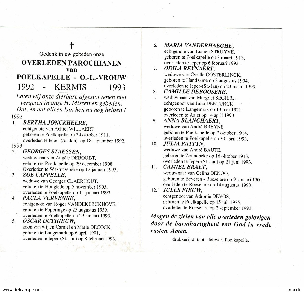Poelkapelle 1992 Kermis 1993 Gedachtenis Overleden Parochianen O.-L.-Vrou2 - Décès
