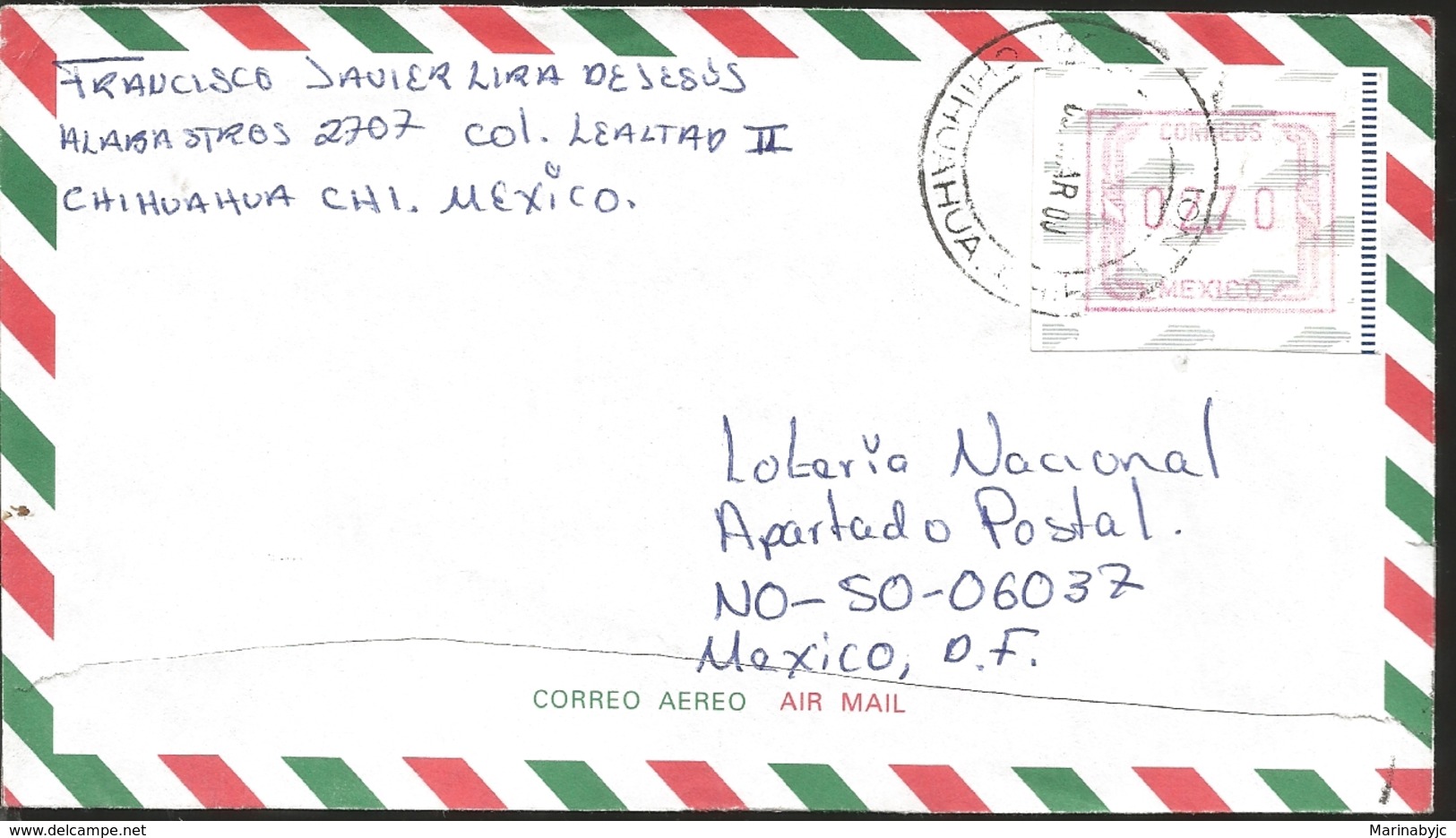 J) 1997 MEXICO, METTER STAMPS, ADHESIVE STICKER, CIRCULATED COVER, FROM CHIHUAHUA TO MEXICO - Mexico