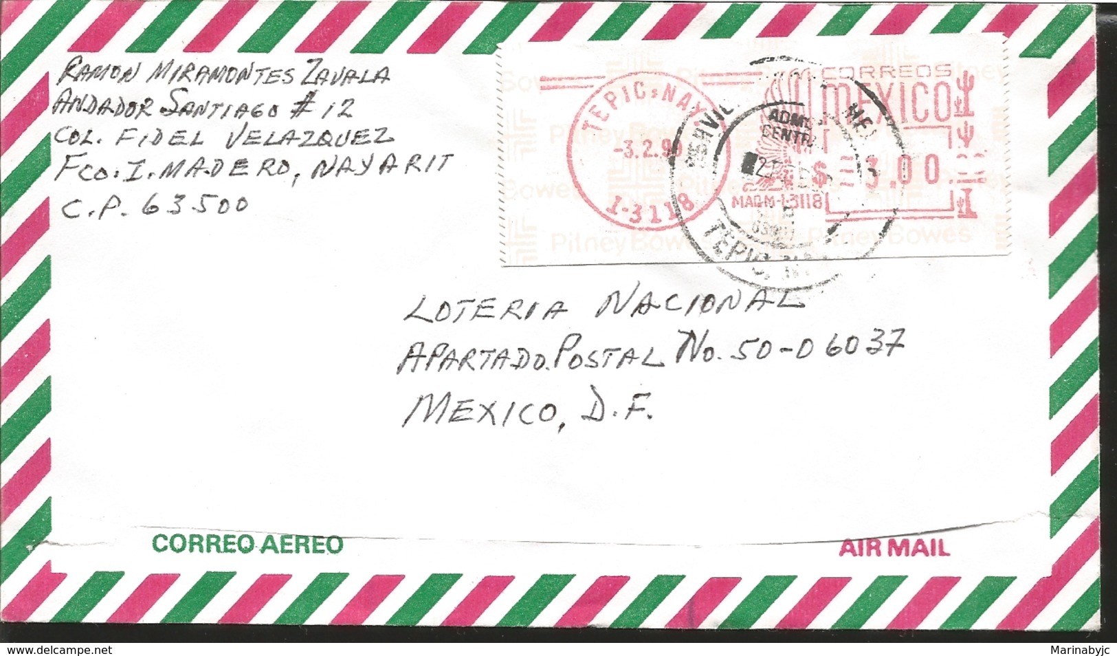 J) 1999 MEXICO, METTER STAMPS, ADHESIVE STICKER, AIRMAIL, CIRCULATED COVER, FROM NAYARIT TO MEXICO - Mexico